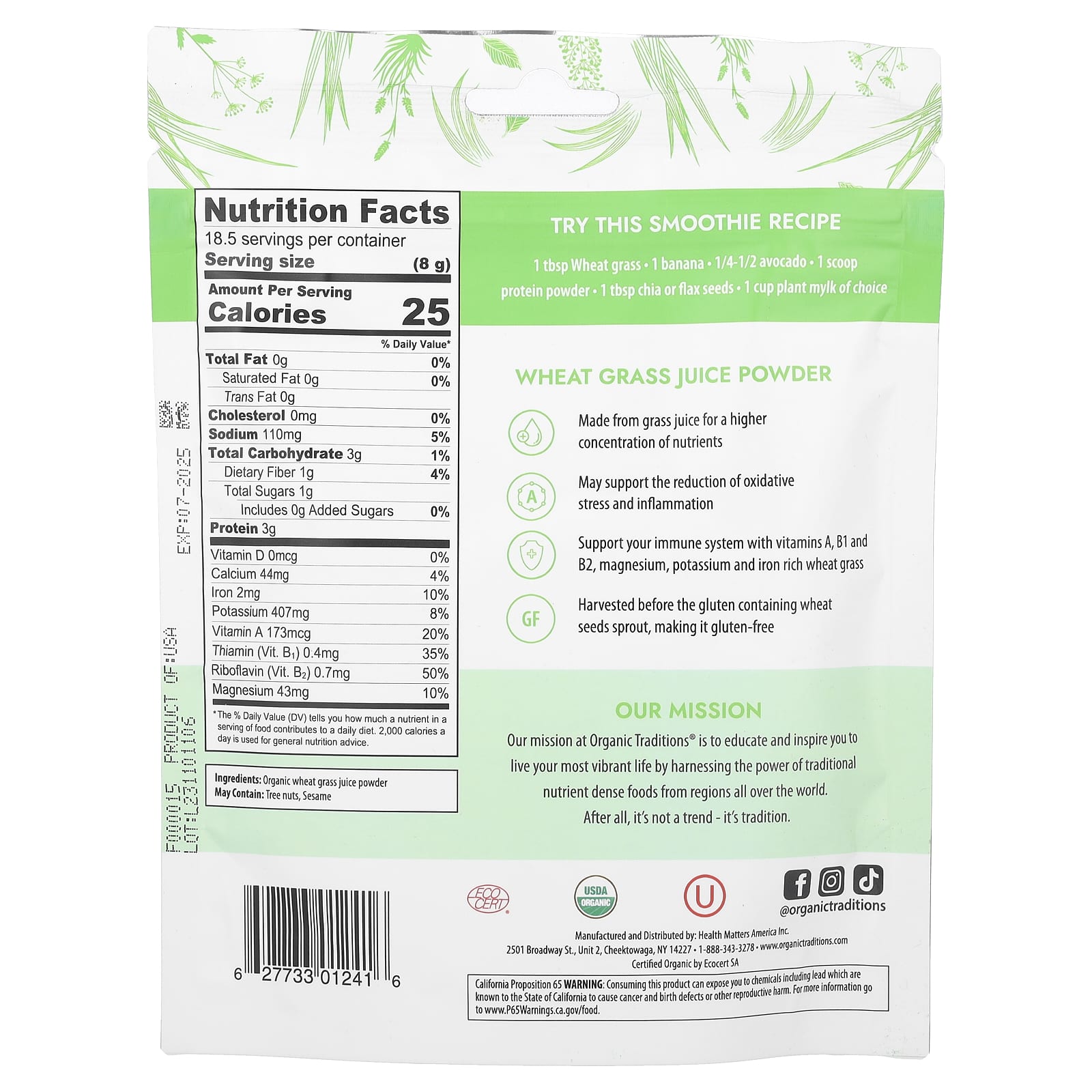 Organic Traditions, Wheat Grass Juice Powder,  5.3 oz (150 g) - Image 2