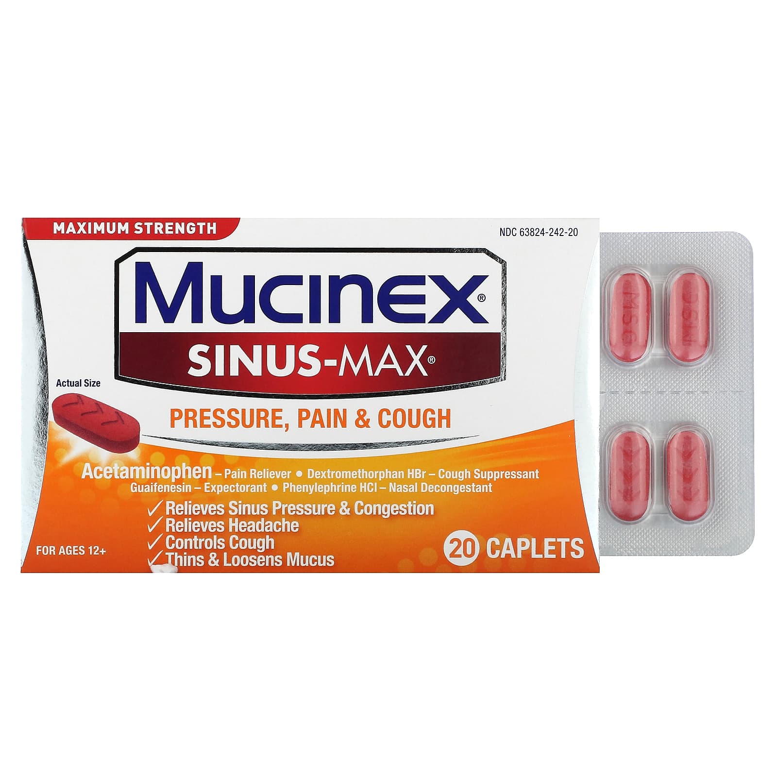 Mucinex, Sinus-Max, Pressure, Pain & Cough, For Ages 12+, 20 Caplets - Image 1