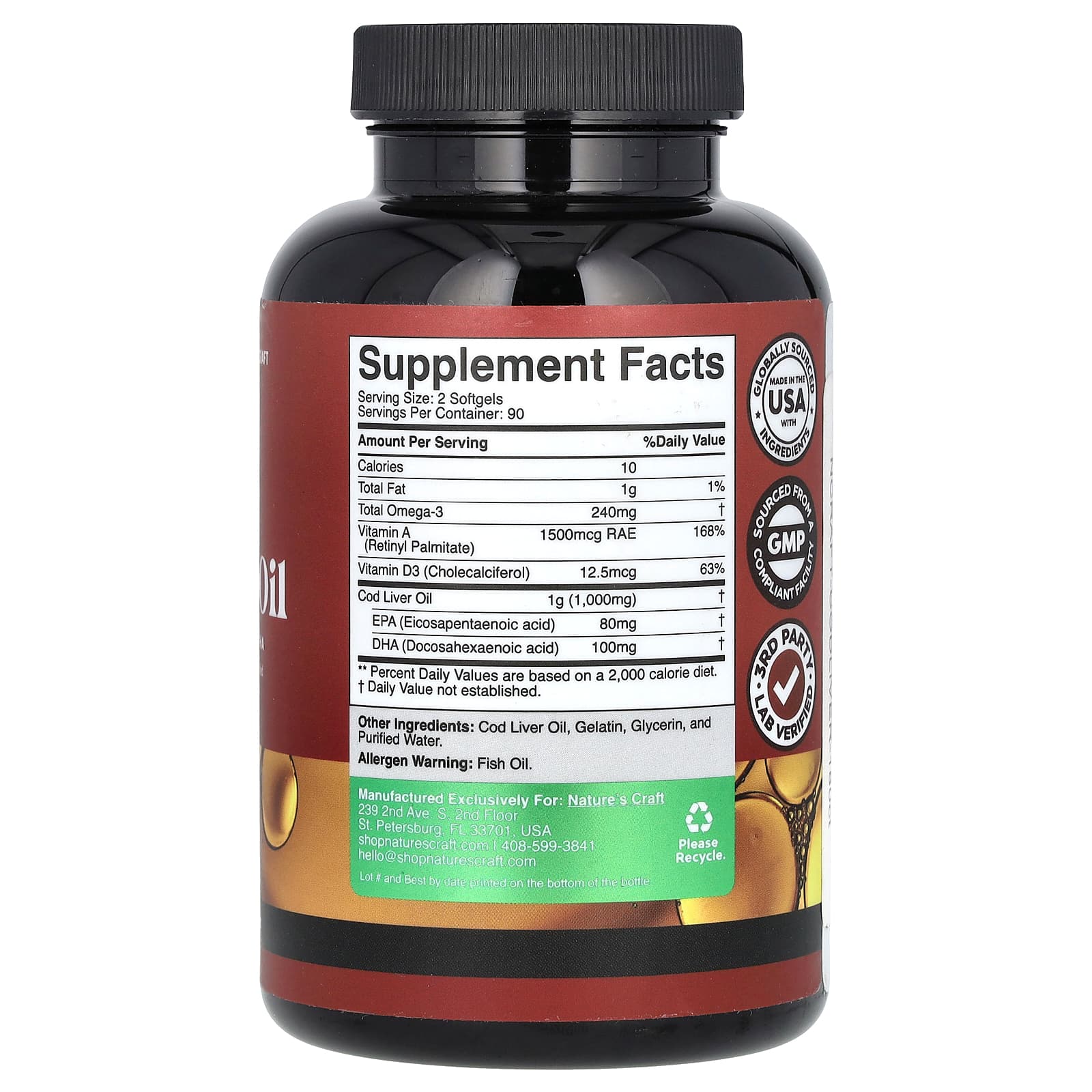 Nature's Craft, Wild Icelandic Cod Liver Oil with Vitamins A & D3, 180 Softgels - Image 2