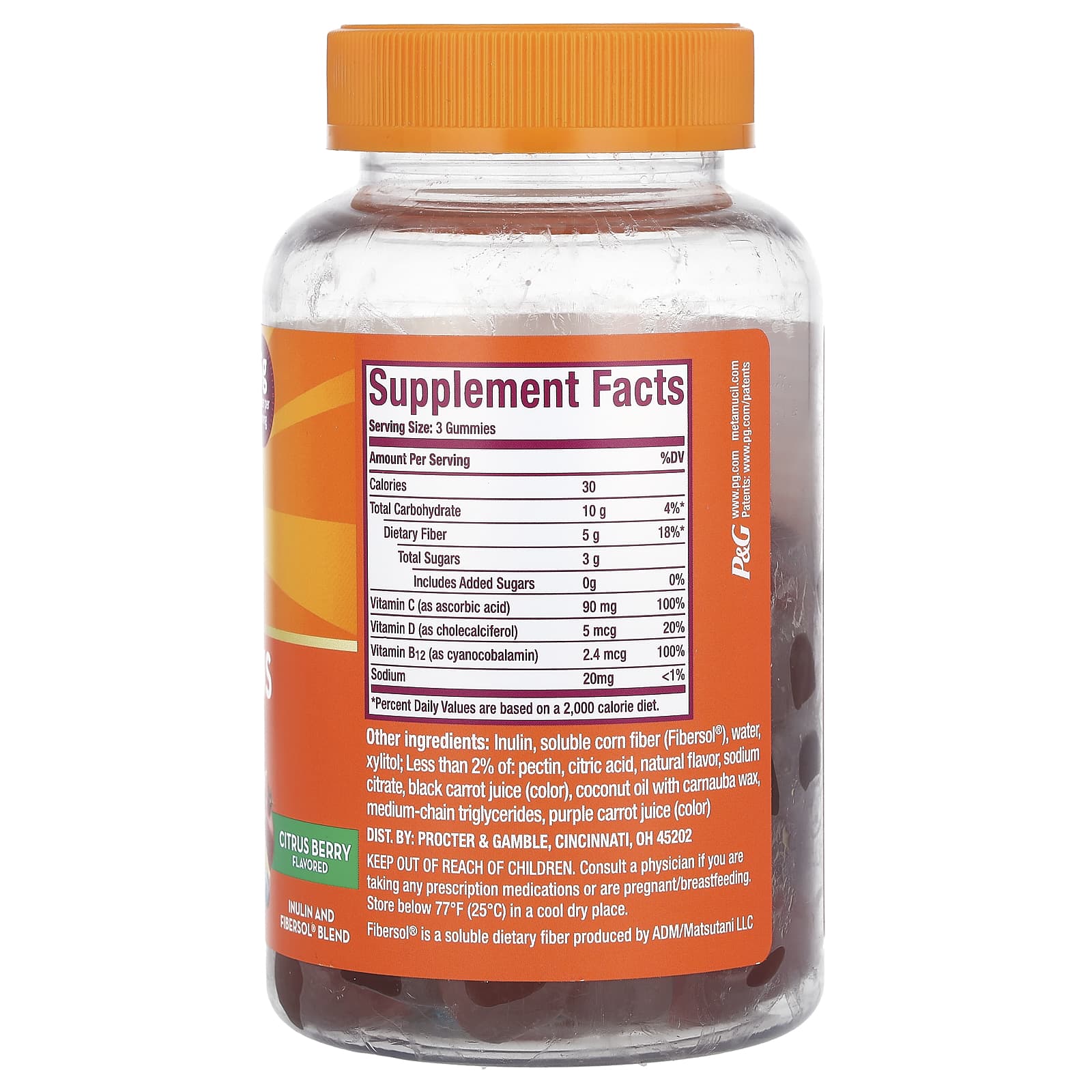 Metamucil, Fiber + Vitamins, C, D,& B12, Citrus Berry, 72 Gummies - Image 2