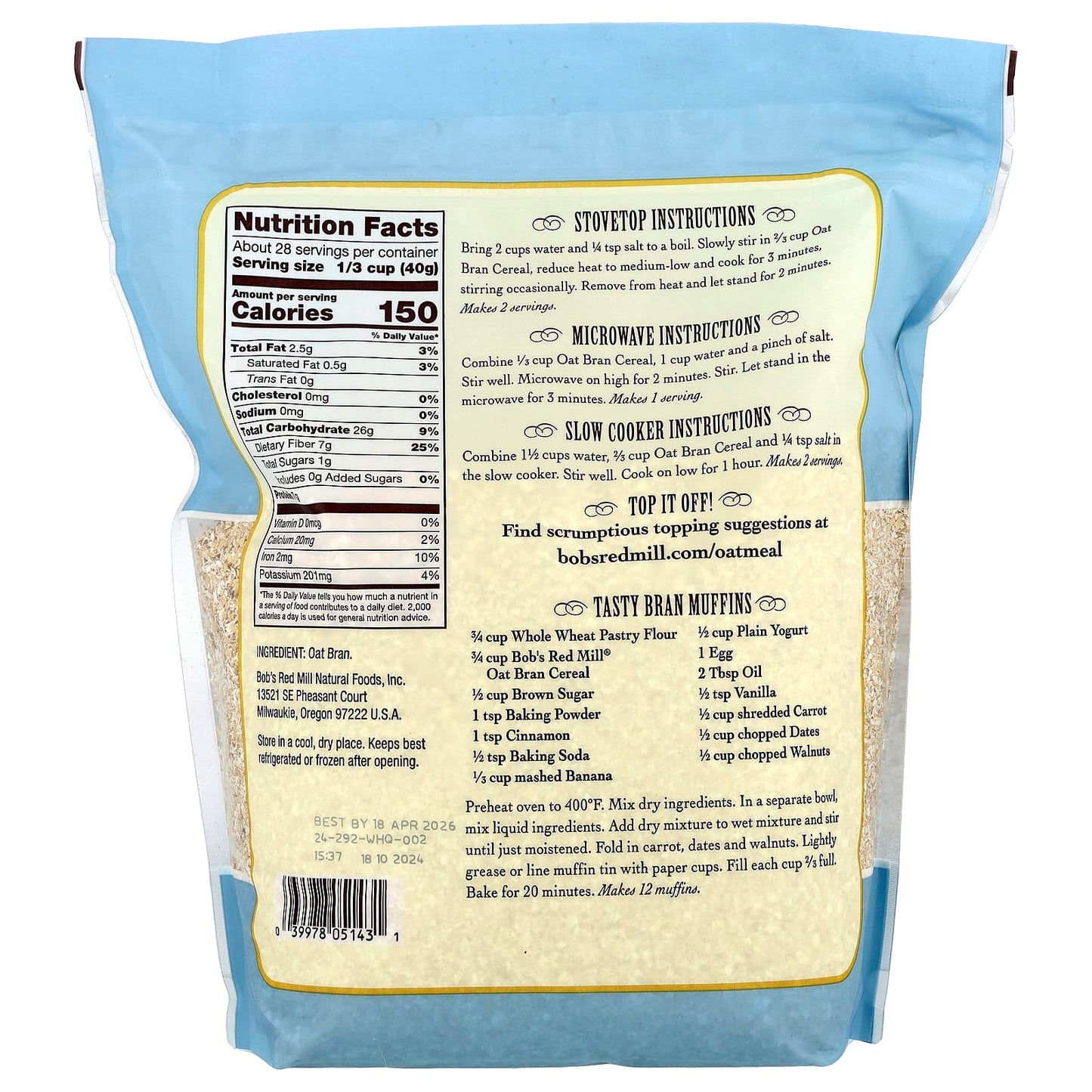 High Fiber Oat Bran Hot Cereal by Bob's Red Mill - 40 oz - Image 2