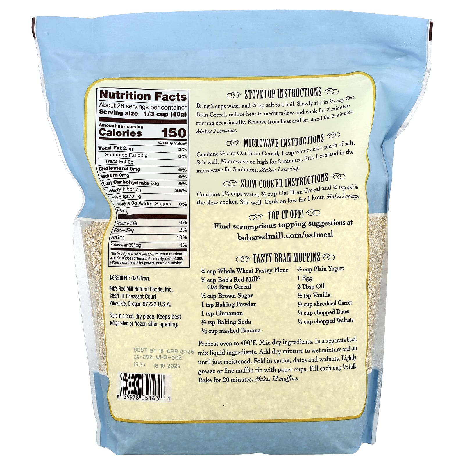 High Fiber Oat Bran Hot Cereal by Bob's Red Mill - 40 oz - Image 2