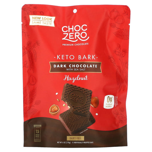 ChocZero, Keto Bark, Dark Chocolate With Sea Salt, Hazelnut, 15 Mini Packs, 6 oz (170 g)
