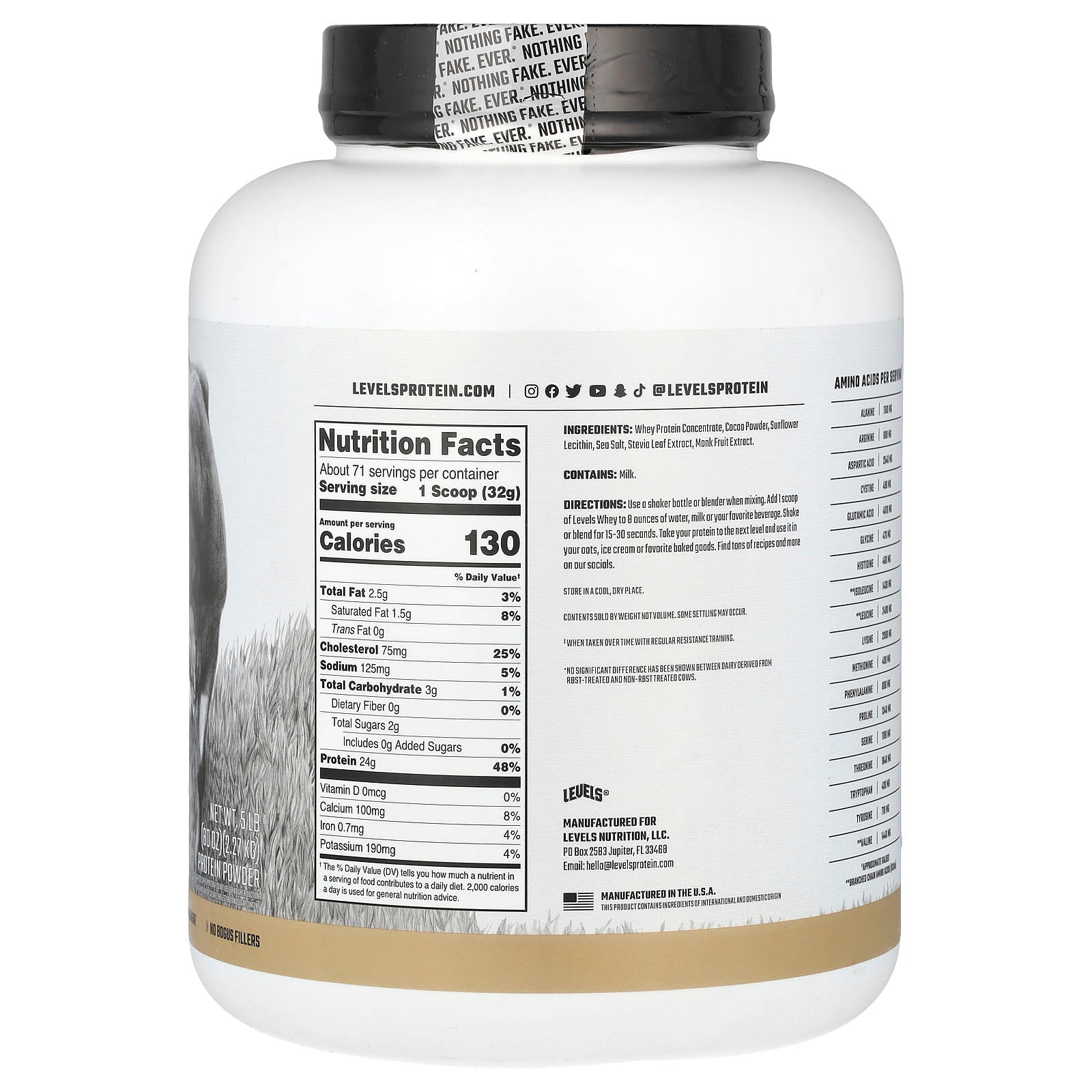 Levels, Grass Fed Whey Protein Powder, Pure Chocolate, 5lb (2.27 kg) - Image 2
