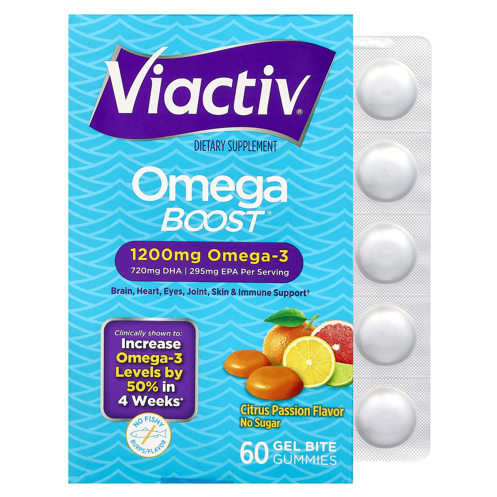 Viactiv, Omega Boost® Gummies, Citrus Passion, 1,200 mg, 60 Gel Bite Gummies (600 mg per Gummy) - Image 1