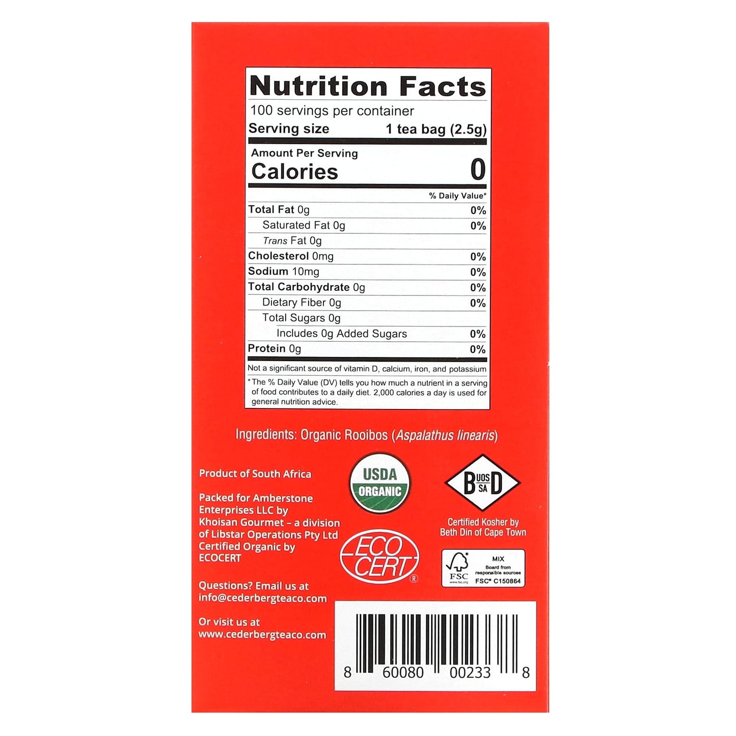 Organic Red Rooibos Herbal Tea, 100 Tea Bags, Cederberg Tea Co - Image 2