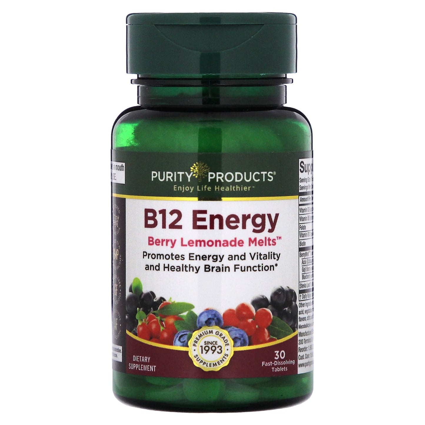Purity Products, B12 Energy, Berry Lemonade Melts, 30 Fast-Dissolving Tablets - Image 1