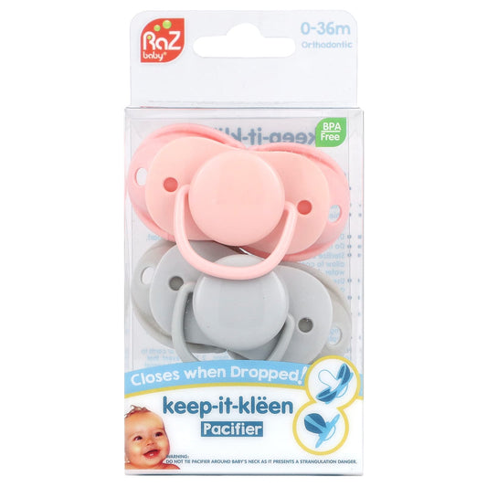 RaZbaby, Keep-It-Kleen Pacifier, 0-36m, Pink & Gray, 2 Pacifiers - Image 1
