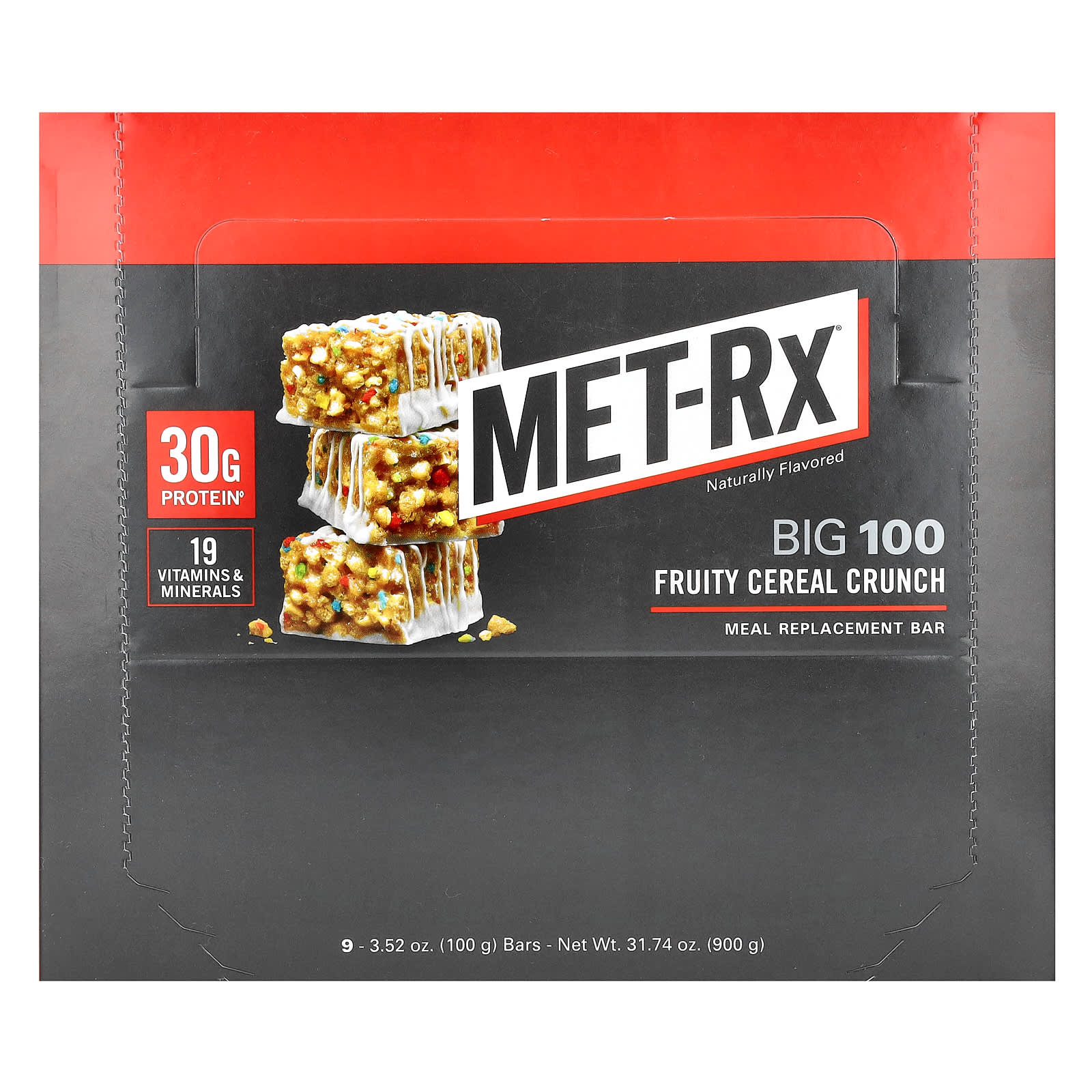 MET-Rx, Big 100, Meal Replacement Bar, Fruity Cereal Crunch, 9 Bars, 3.52 oz (100 g) Each - Image 1