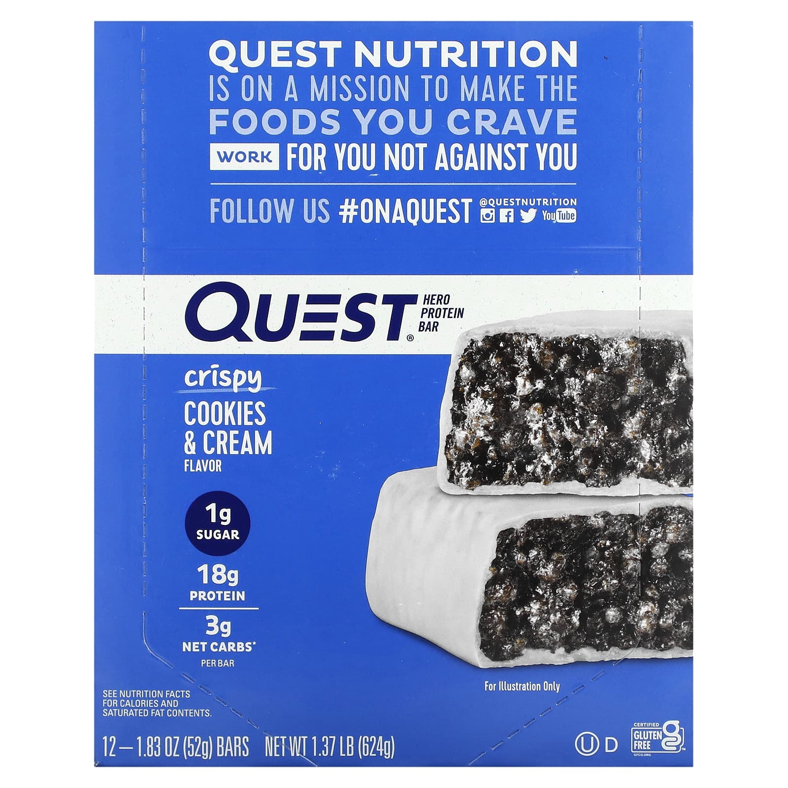 Quest Nutrition, Hero Protein Bar, Crispy Cookies & Cream, 12 Bars, 1.83 oz (52 g) Each - Image 1