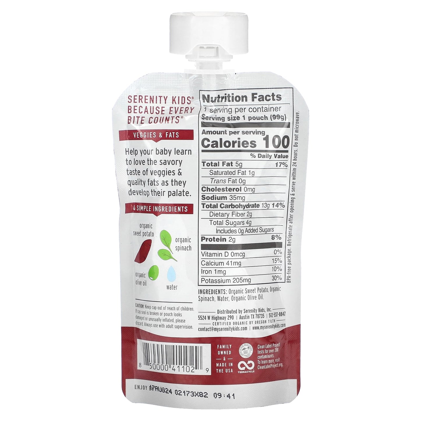 Serenity Kids, Organic Sweet Potato & Spinach with Olive Oil, 6+ Months, 3.5 oz (99 g) - Image 2