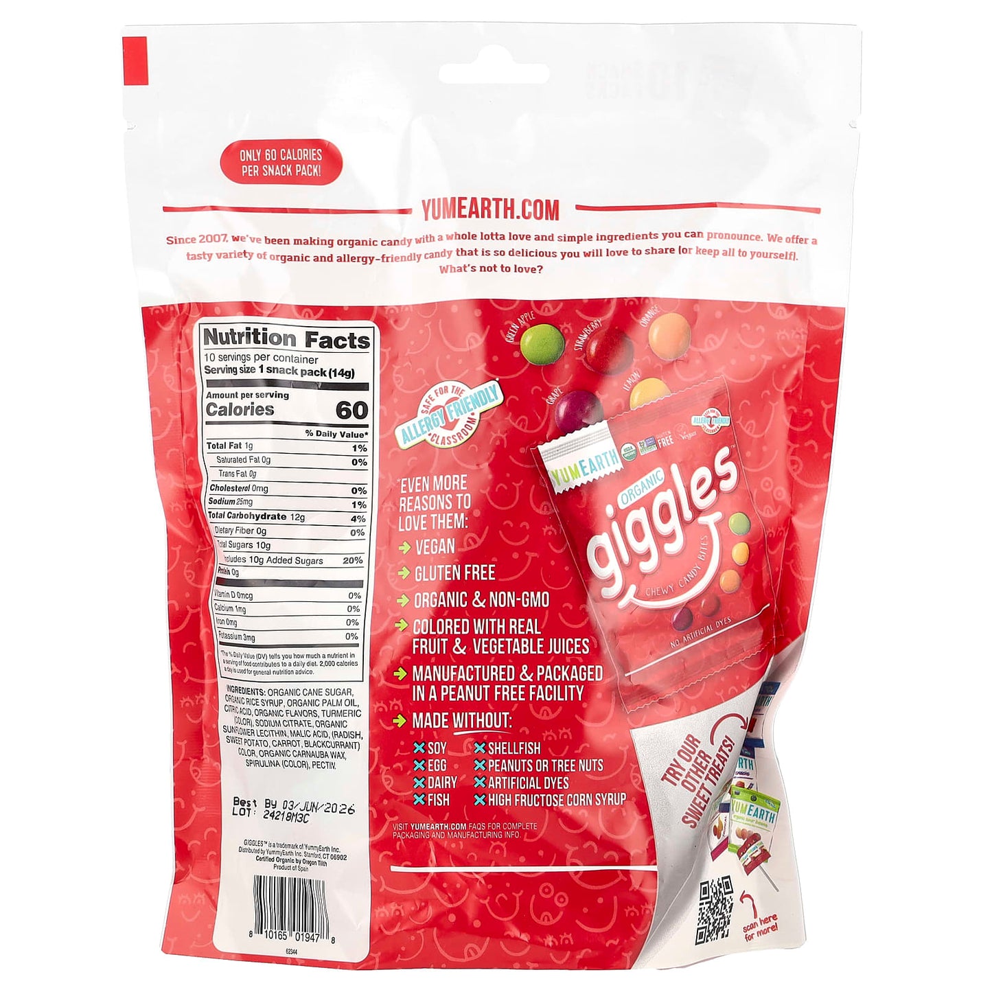 YumEarth, Organic Giggles, Chewy Candy Bites, 10 Snack Packs, 0.5 oz (14 g) Each - Image 2