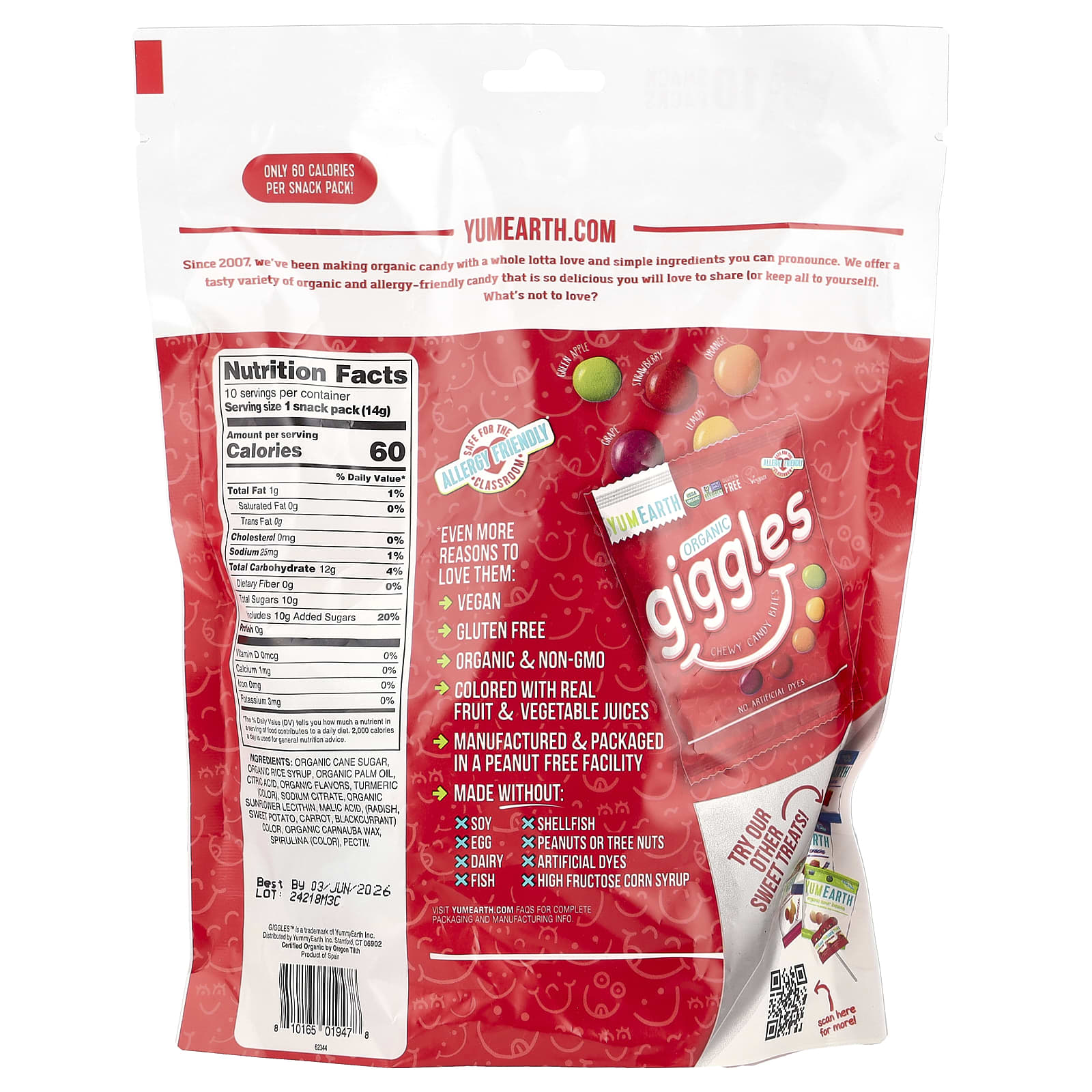YumEarth, Organic Giggles, Chewy Candy Bites, 10 Snack Packs, 0.5 oz (14 g) Each - Image 2