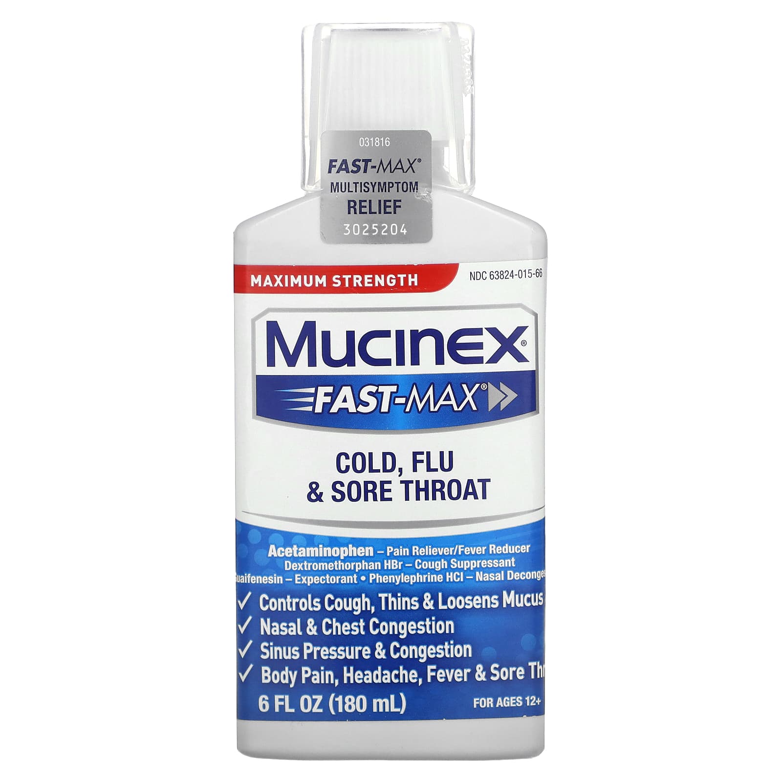 Mucinex, Fast-Max Cold, Flu & Sore Throat, Maximum Strength, For Ages 12+, 6 fl oz (180 ml) - Image 1