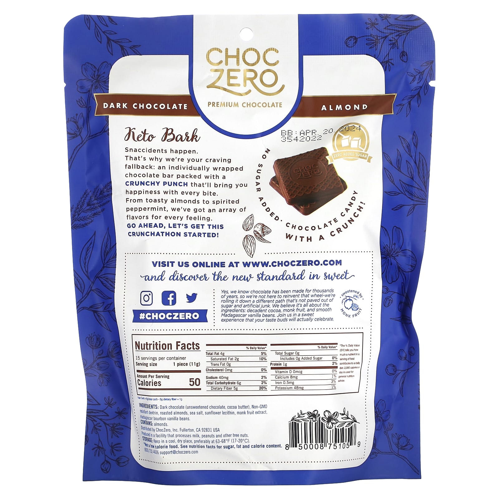 ChocZero, Keto Bark, Dark Chocolate With Sea Salt, Almond, 15 Mini Packs, 6 oz (170 g)