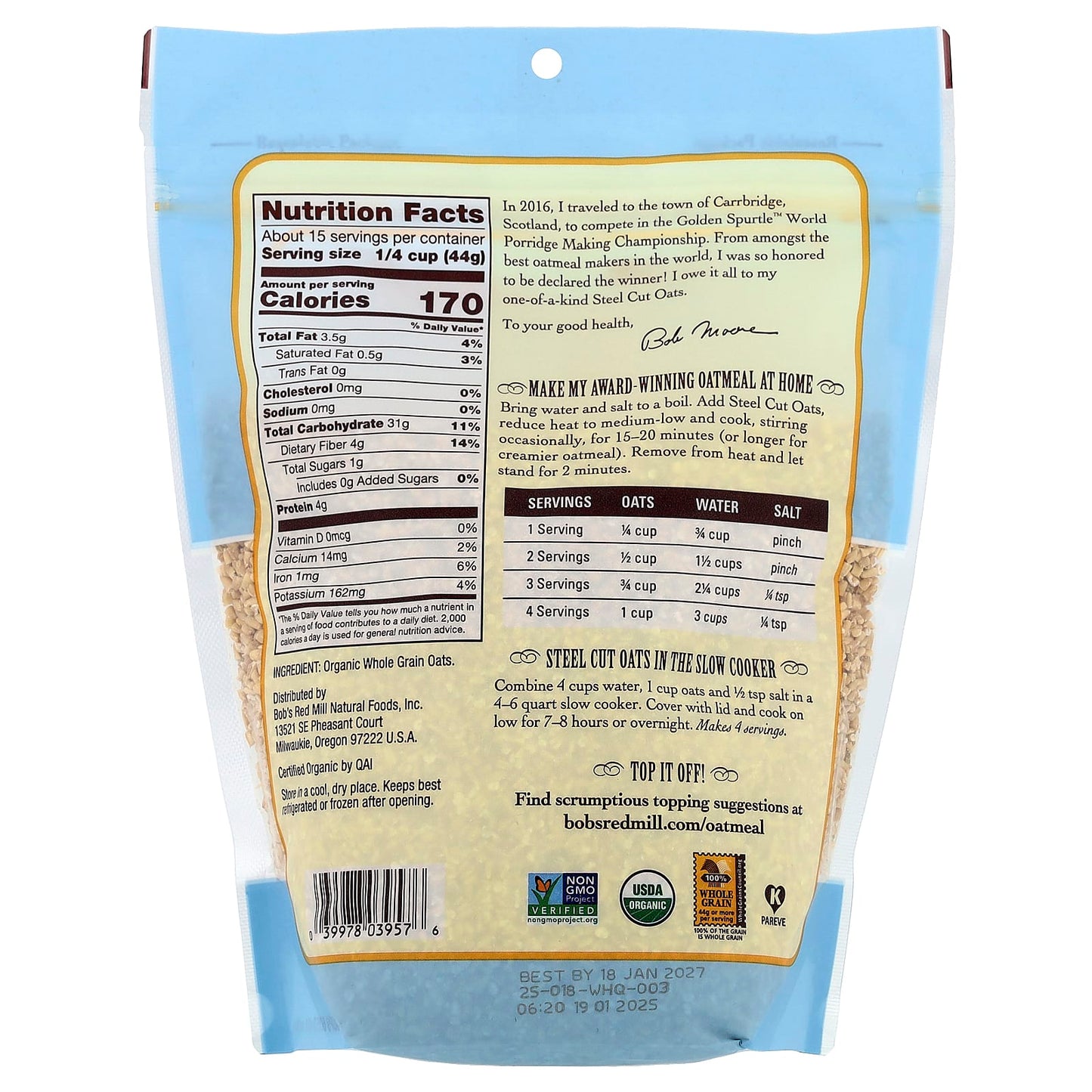 Organic Steel Cut Oats by Bob's Red Mill - Whole Grain, USDA Certified - Image 2