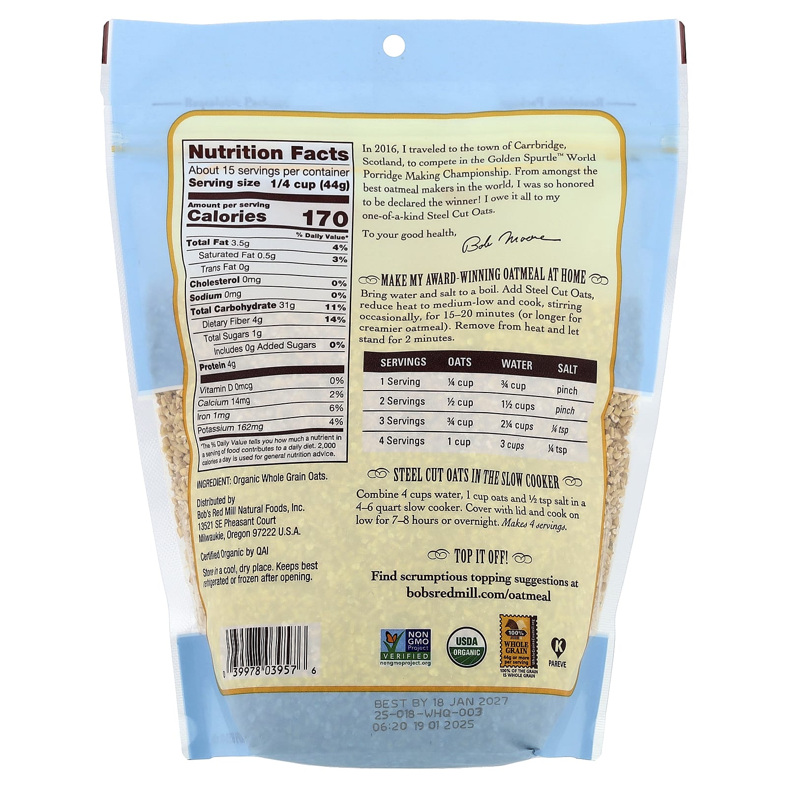 Organic Steel Cut Oats by Bob's Red Mill - Whole Grain, USDA Certified - Image 2