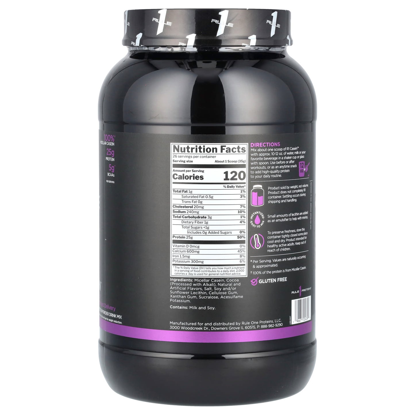 Rule One Proteins, R1 Casein, Protein Powder Drink Mix, Chocolate Fudge, 2.01 lb (910 g)