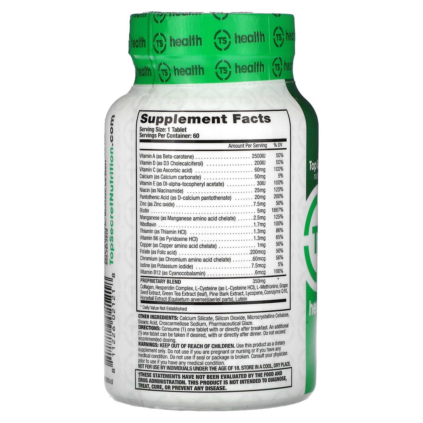 Top Secret Nutrition, Health, Hair Skin + Nails, 60 Tablets - Image 2