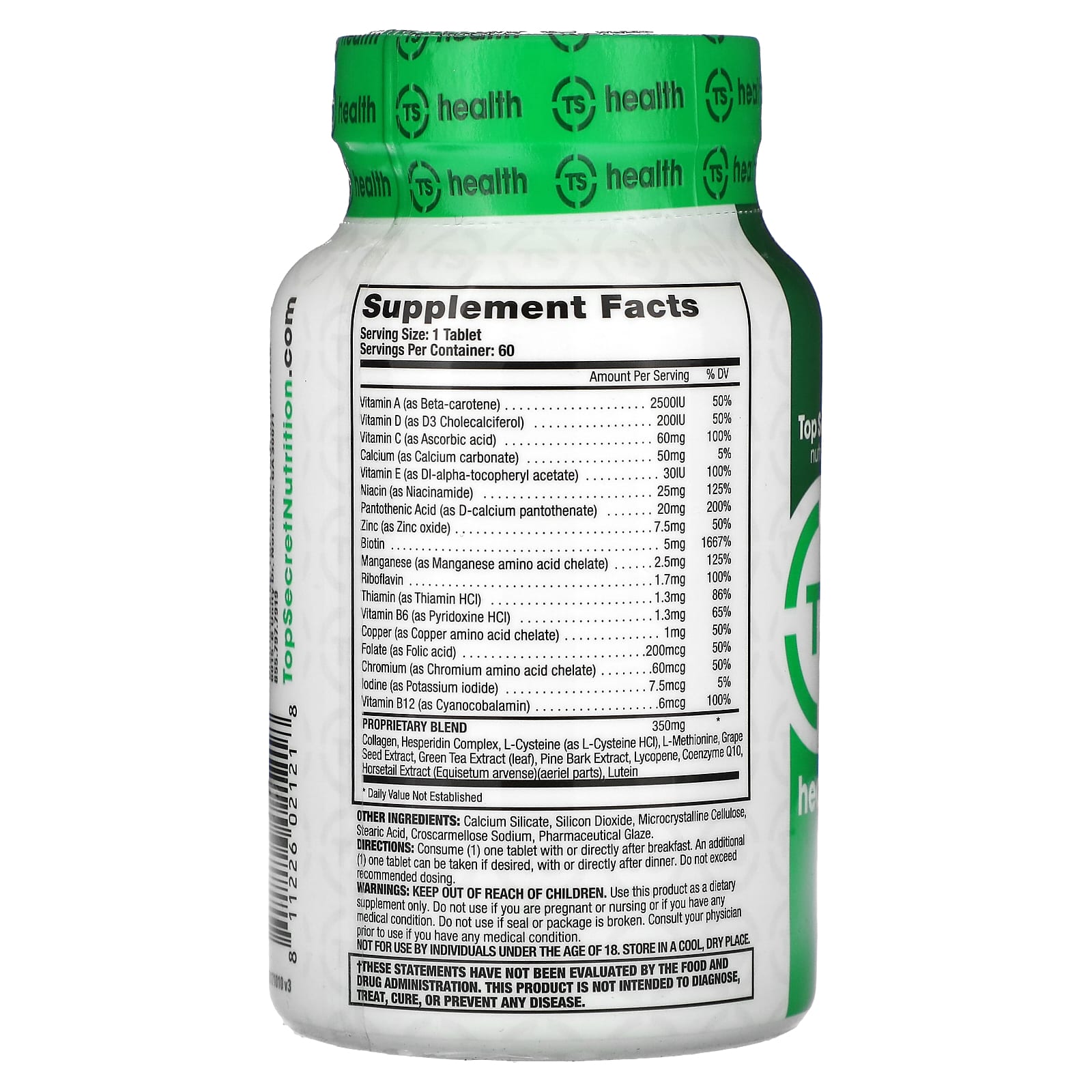 Top Secret Nutrition, Health, Hair Skin + Nails, 60 Tablets - Image 2