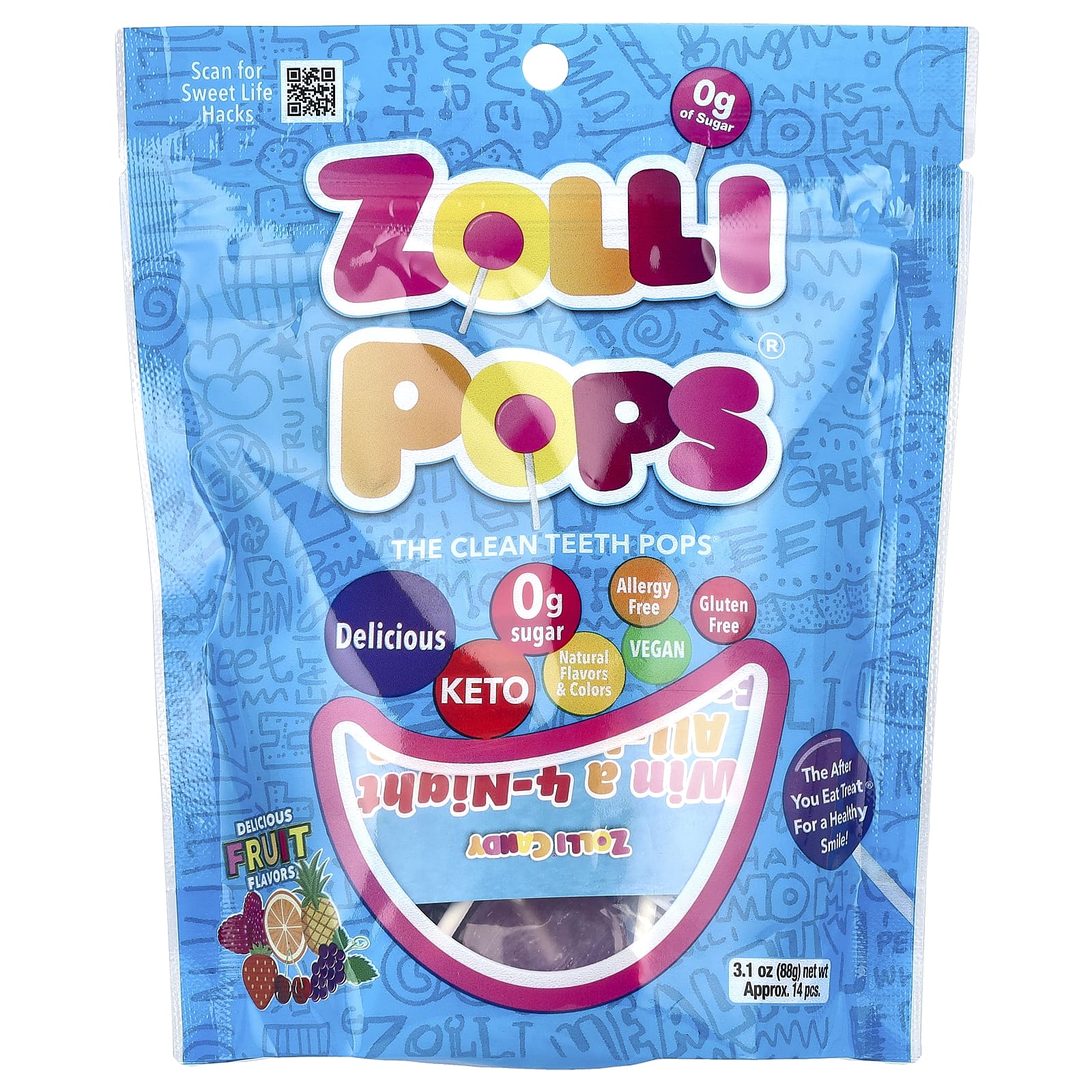 Zollipops, The Clean Teeth Pops, Delicious Fruit Flavors , Approx. 14 Pieces, 3.1 oz (88 g) - Image 1