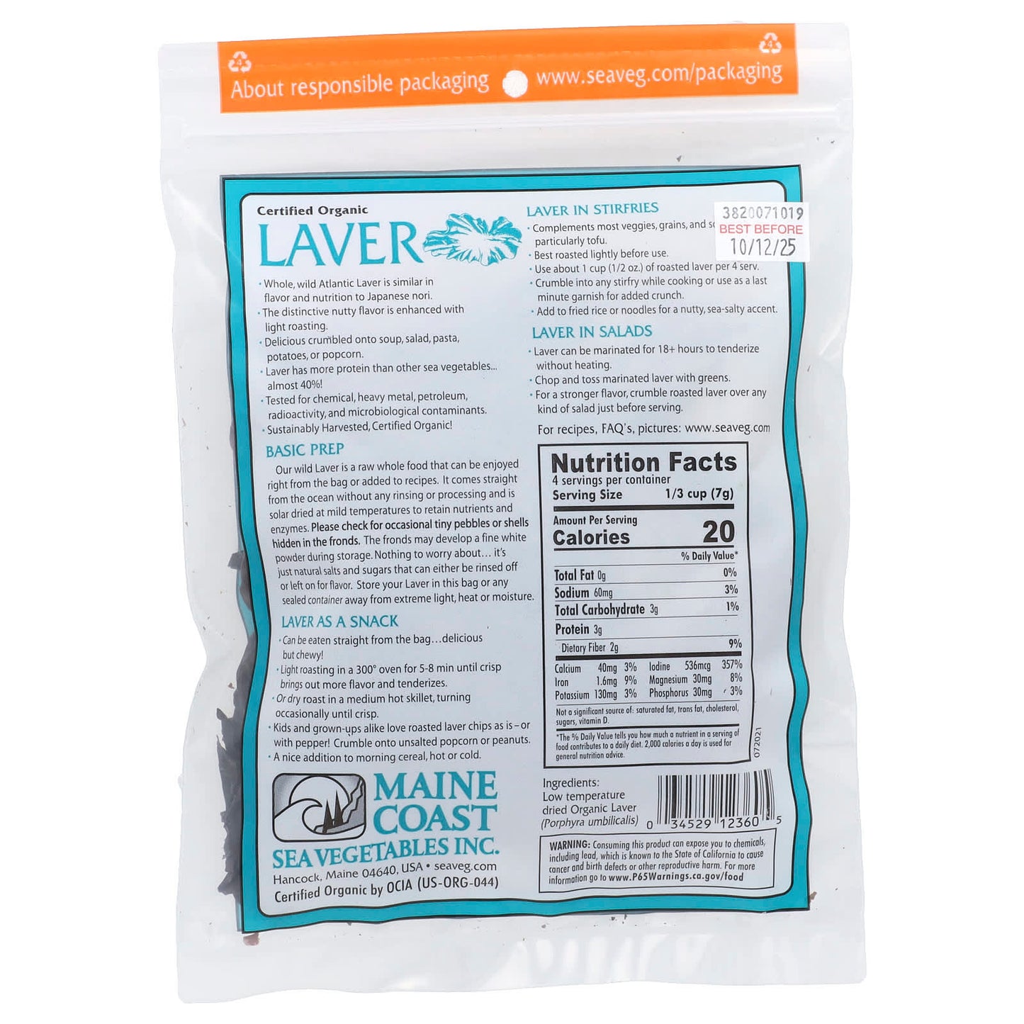 Maine Coast Sea Vegetables, Laver, Wild Atlantic Nori, 1 oz (28 g) - Image 2