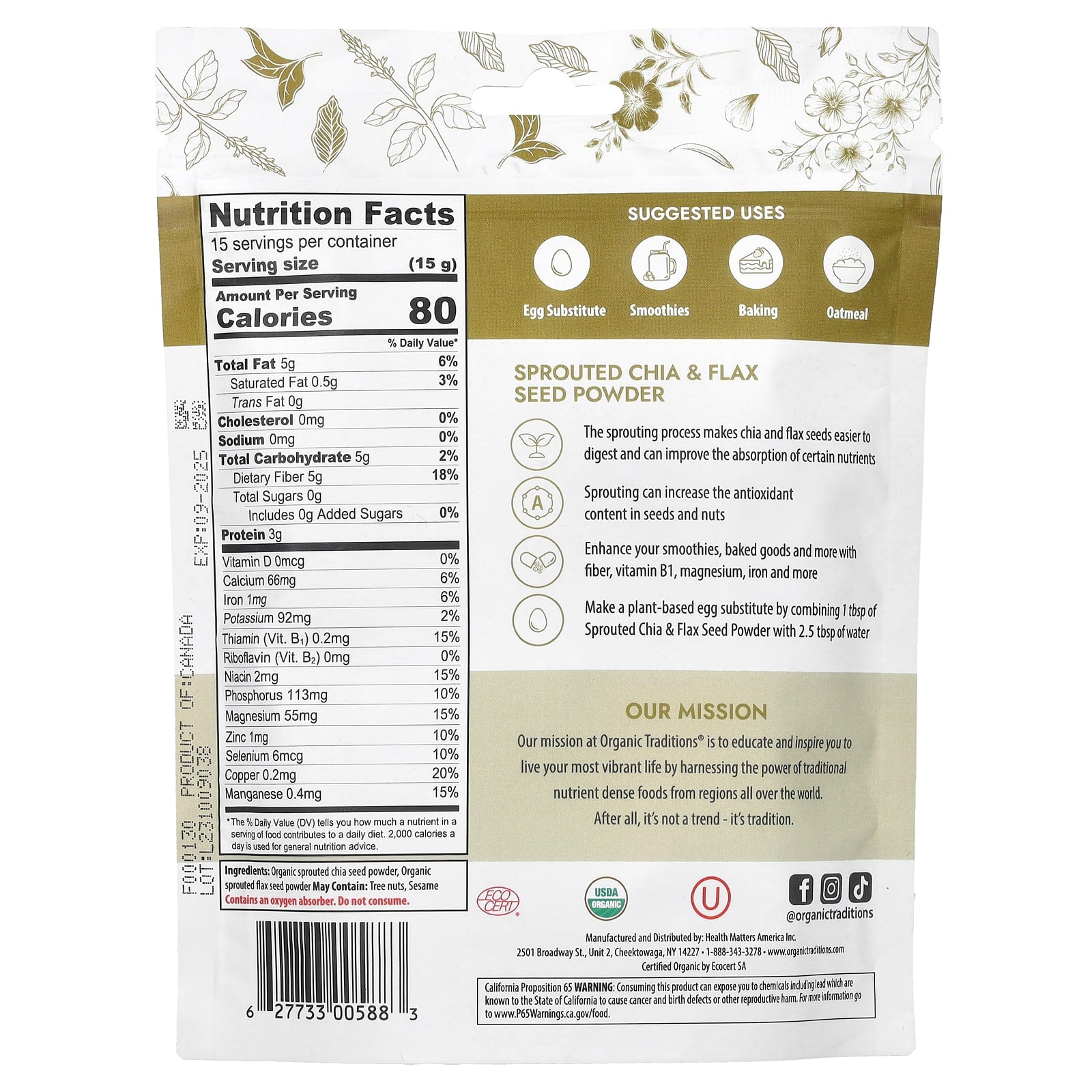 Organic Traditions, Sprouted Chia & Flax Seed Powder, 8 oz (227 g) - Image 2