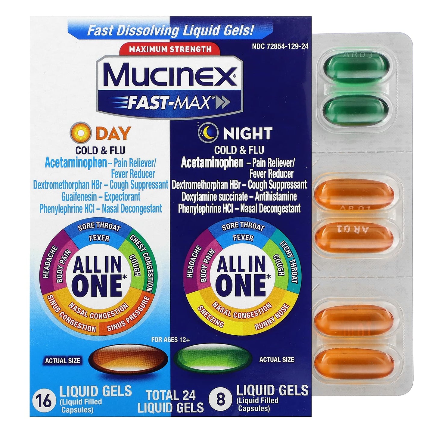Mucinex, Fast-Max Day/Night Cold & Flu, Maximum Strength, Ages 12+, 24 Liquid Gels - Image 1