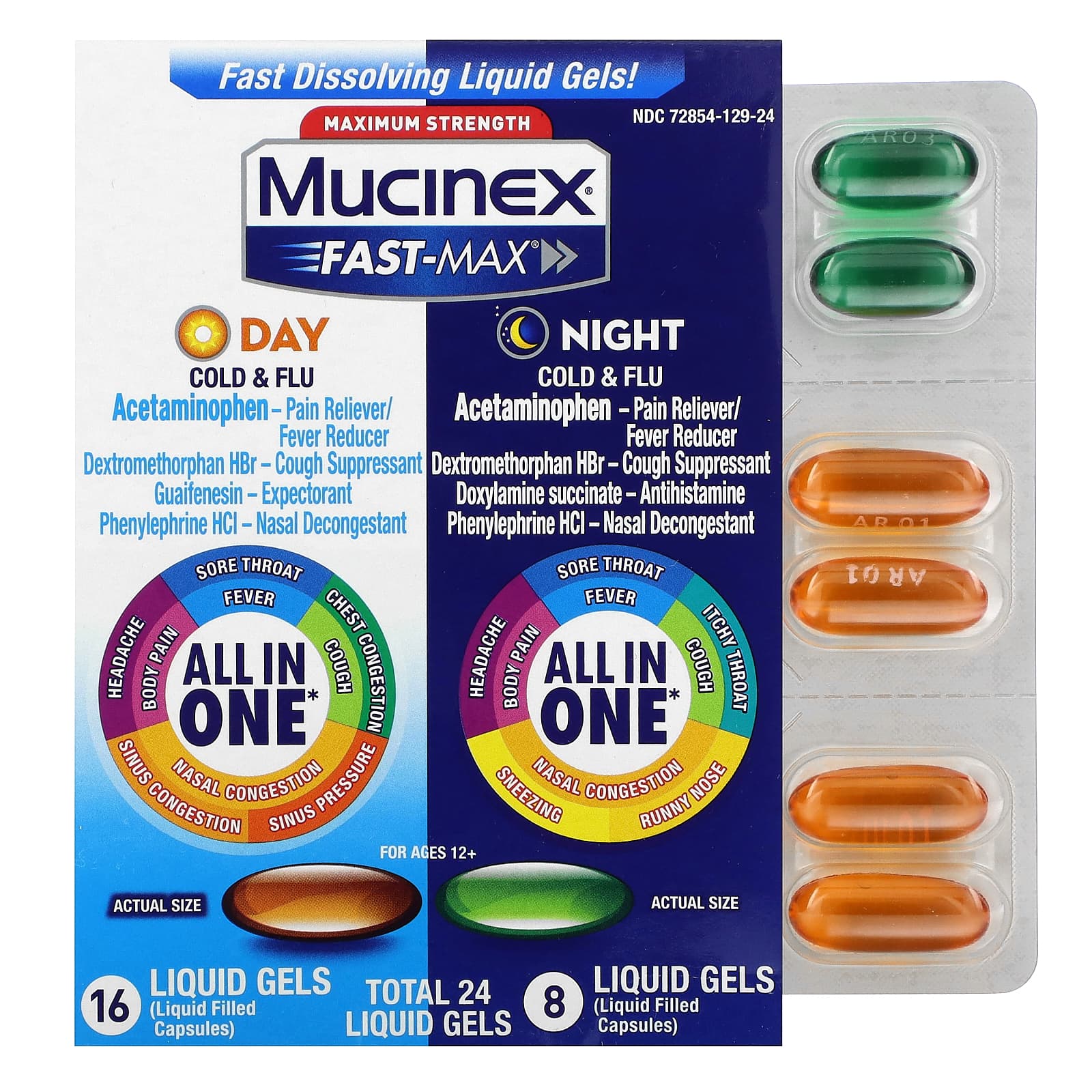 Mucinex, Fast-Max Day/Night Cold & Flu, Maximum Strength, Ages 12+, 24 Liquid Gels - Image 1