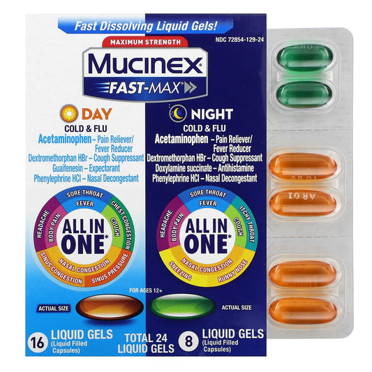Mucinex, Fast-Max Day/Night Cold & Flu, Maximum Strength, Ages 12+, 24 Liquid Gels - Image 1