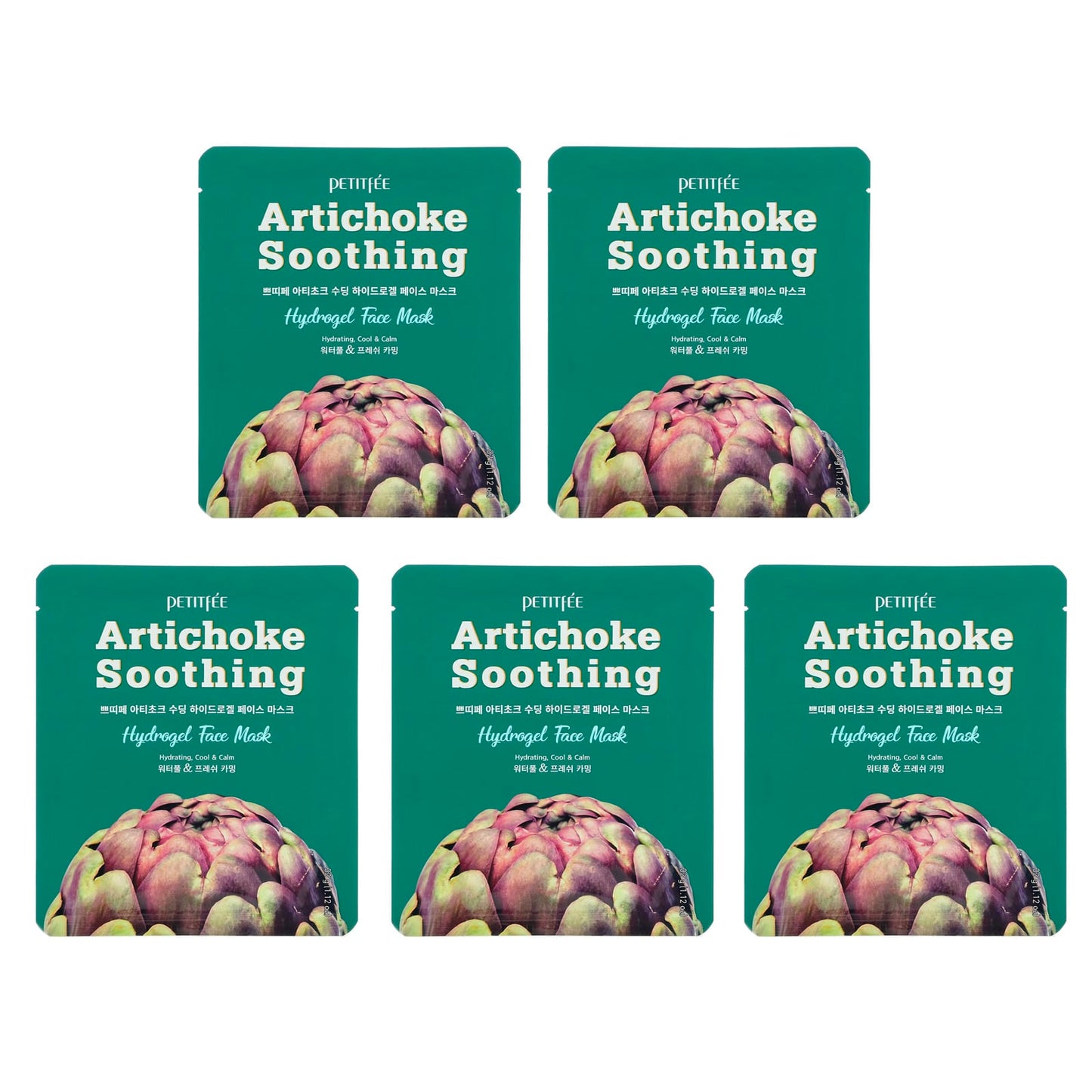 Petitfee, Artichoke Soothing, Hydrogel Beauty Face Mask, 5 Sheets, 1.12 oz (32 g) Each - Image 1