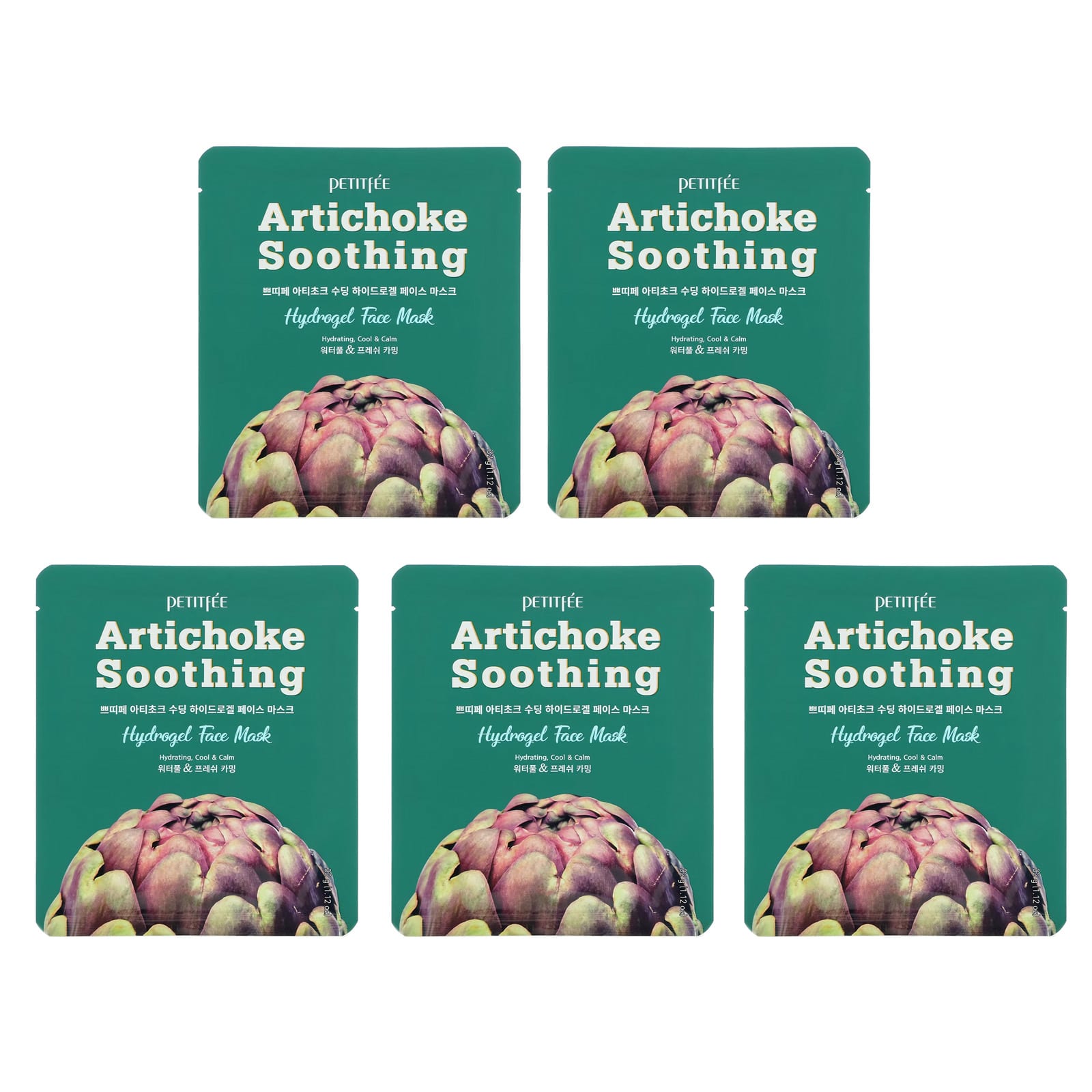 Petitfee, Artichoke Soothing, Hydrogel Beauty Face Mask, 5 Sheets, 1.12 oz (32 g) Each - Image 1