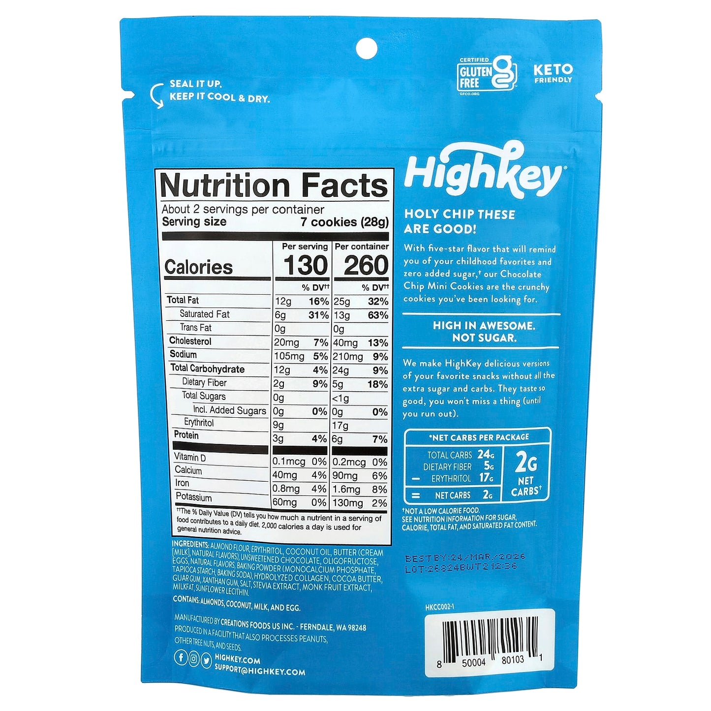 HighKey Keto Chocolate Chip Mini Cookies, 2 oz (56.6 g) - Low Sugar, Gluten Free - Image 2