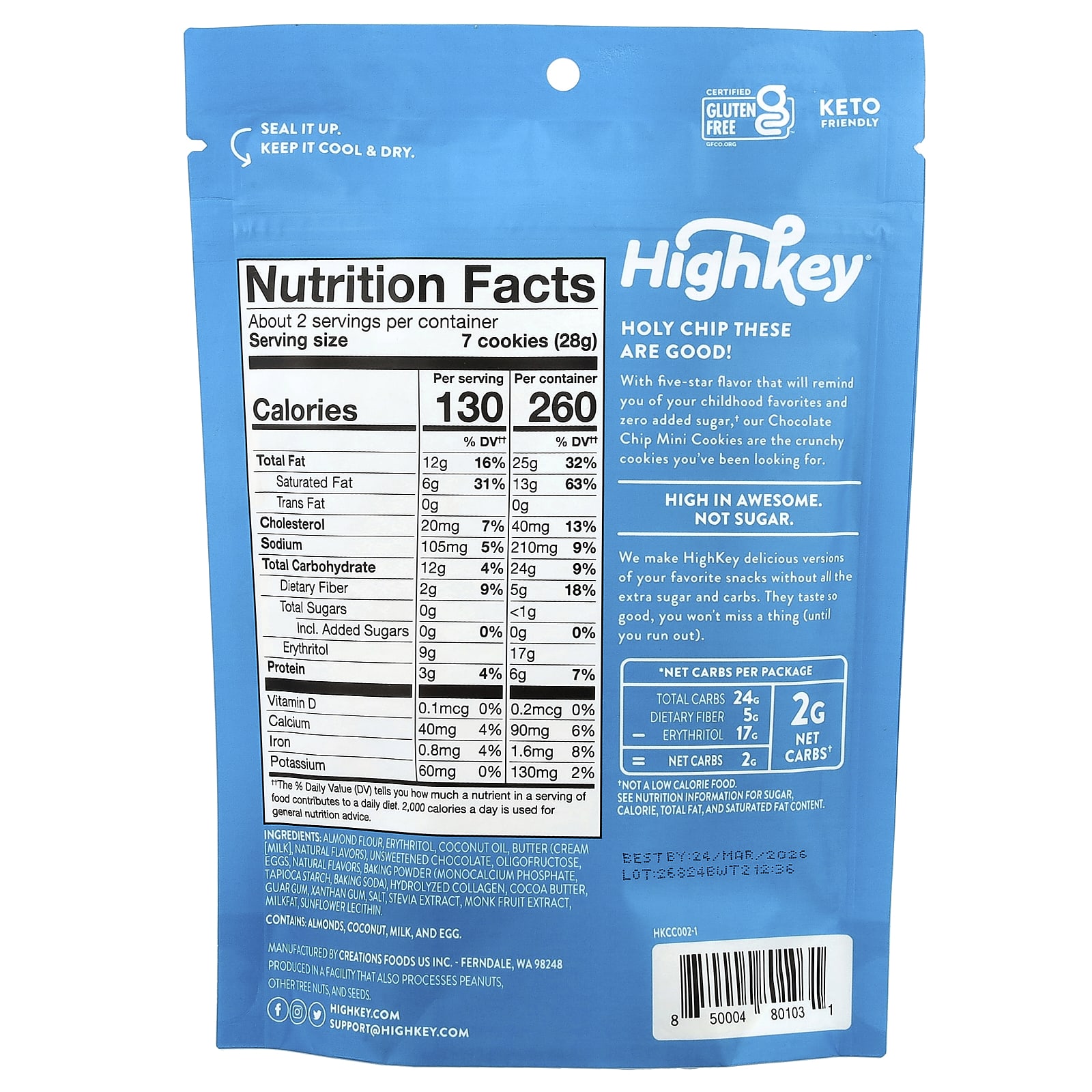 HighKey Keto Chocolate Chip Mini Cookies, 2 oz (56.6 g) - Low Sugar, Gluten Free - Image 2