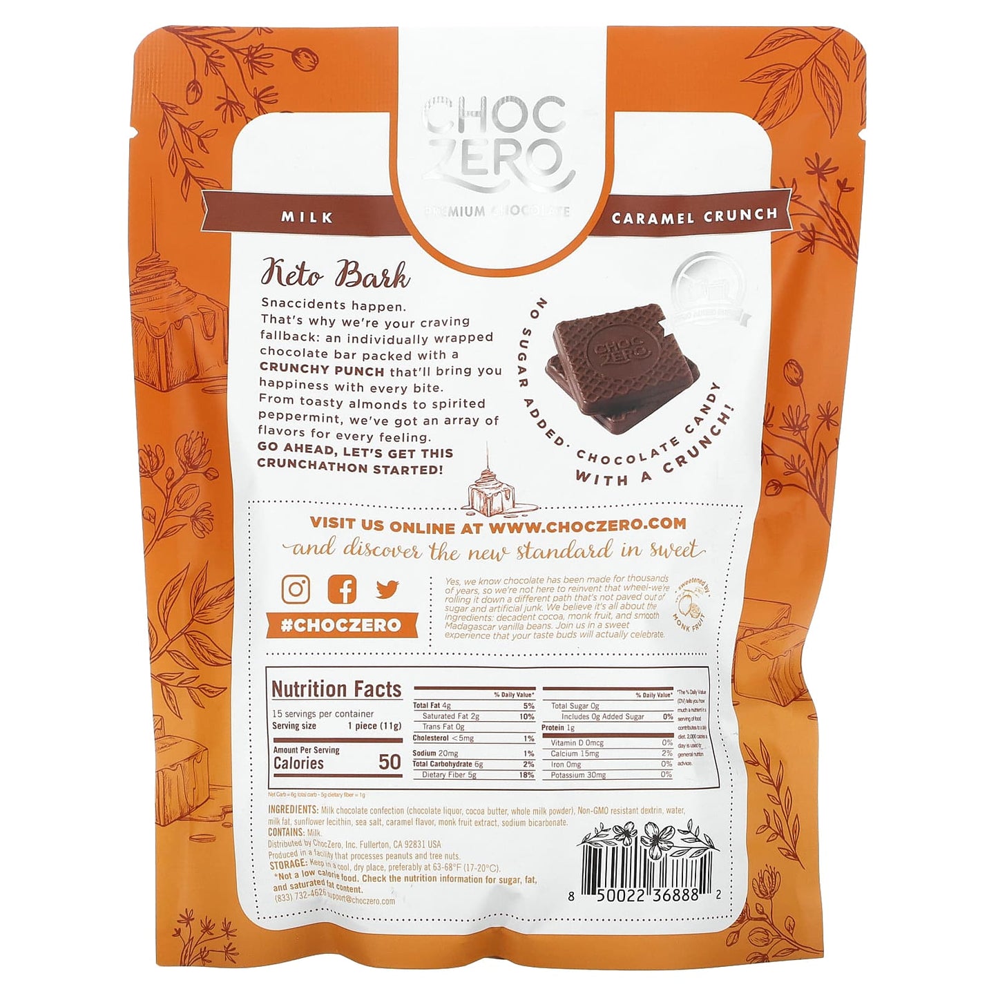 ChocZero, Keto Bark, Milk Chocolate, Caramel Crunch, 15 Mini Packs, 6 oz (170 g)