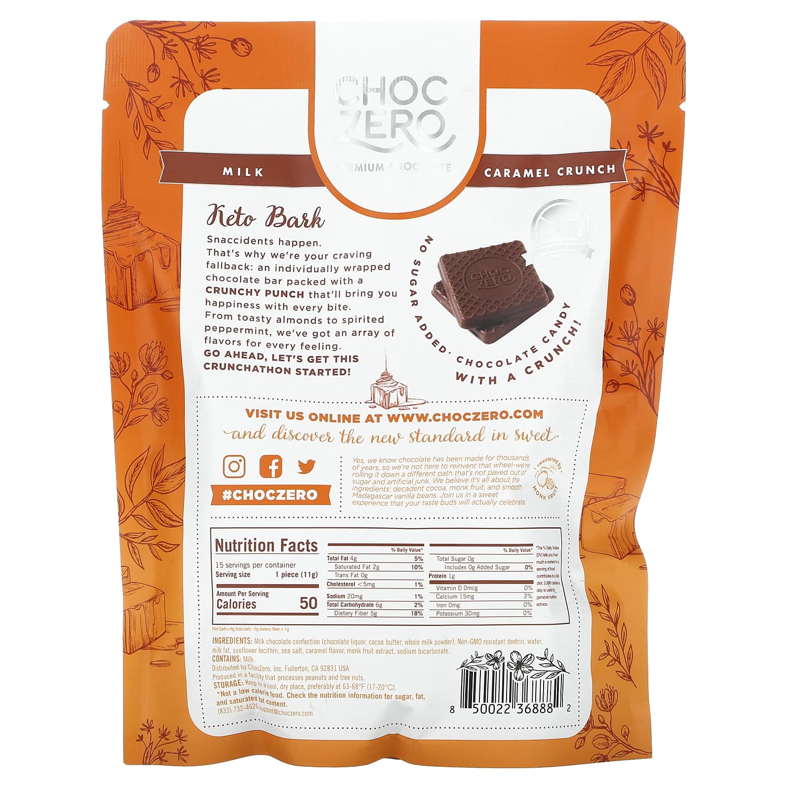ChocZero, Keto Bark, Milk Chocolate, Caramel Crunch, 15 Mini Packs, 6 oz (170 g)