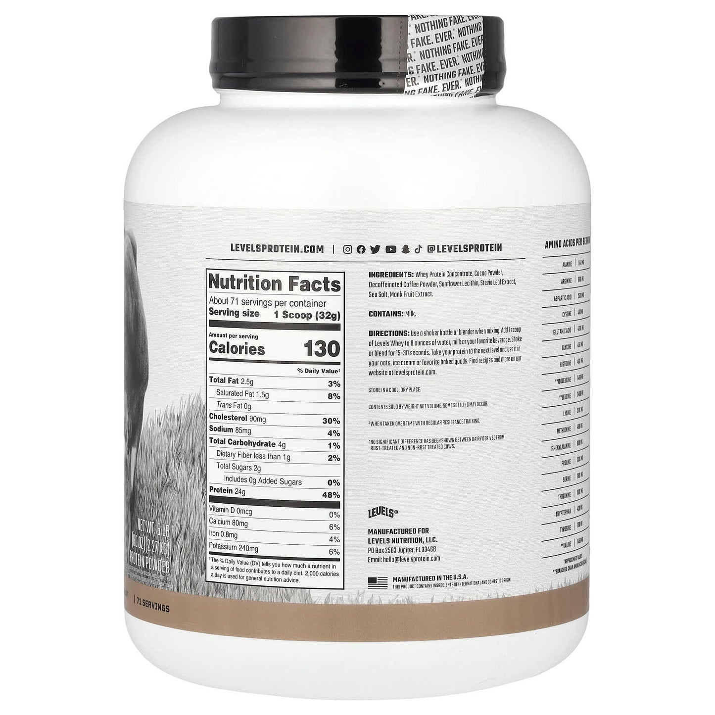 Levels, Grass Fed Whey Protein Powder, Chocolate Mocha, 5 lb (2.27 kg) - Image 2