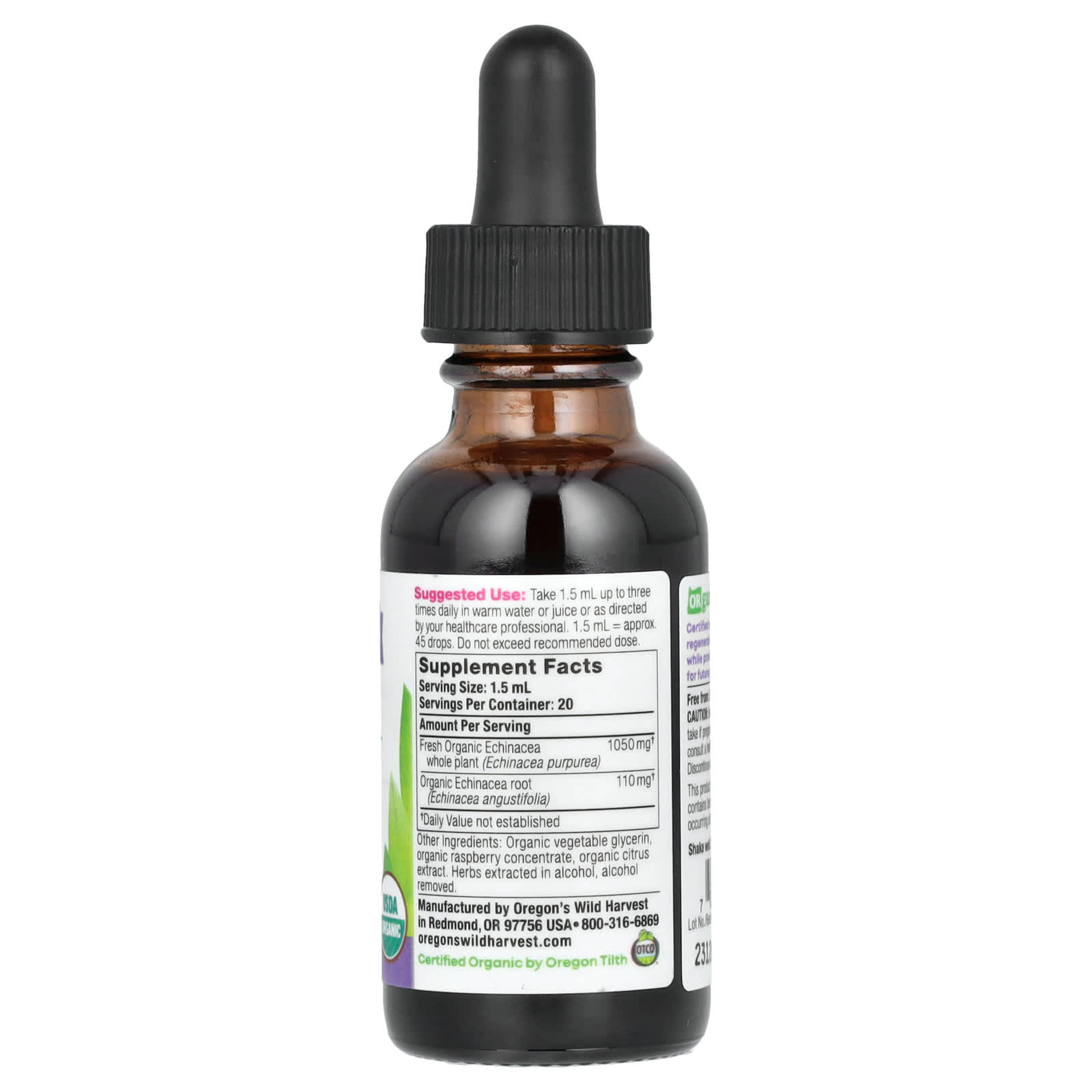 Oregon's Wild Harvest, Organic Premium Echinacea, Alcohol Free, Raspberry, 1 fl oz (30 ml) - Image 2