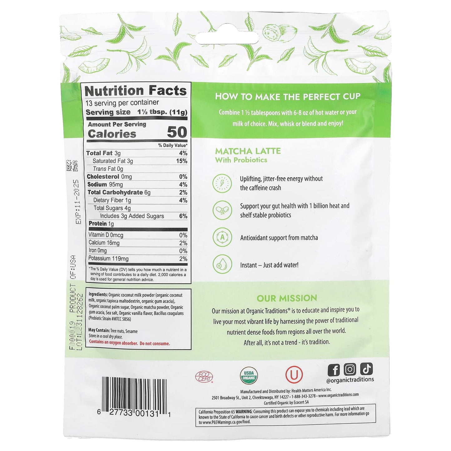 Organic Traditions, Matcha Latte with Probiotics, 5.3 oz (150 g) - Image 2