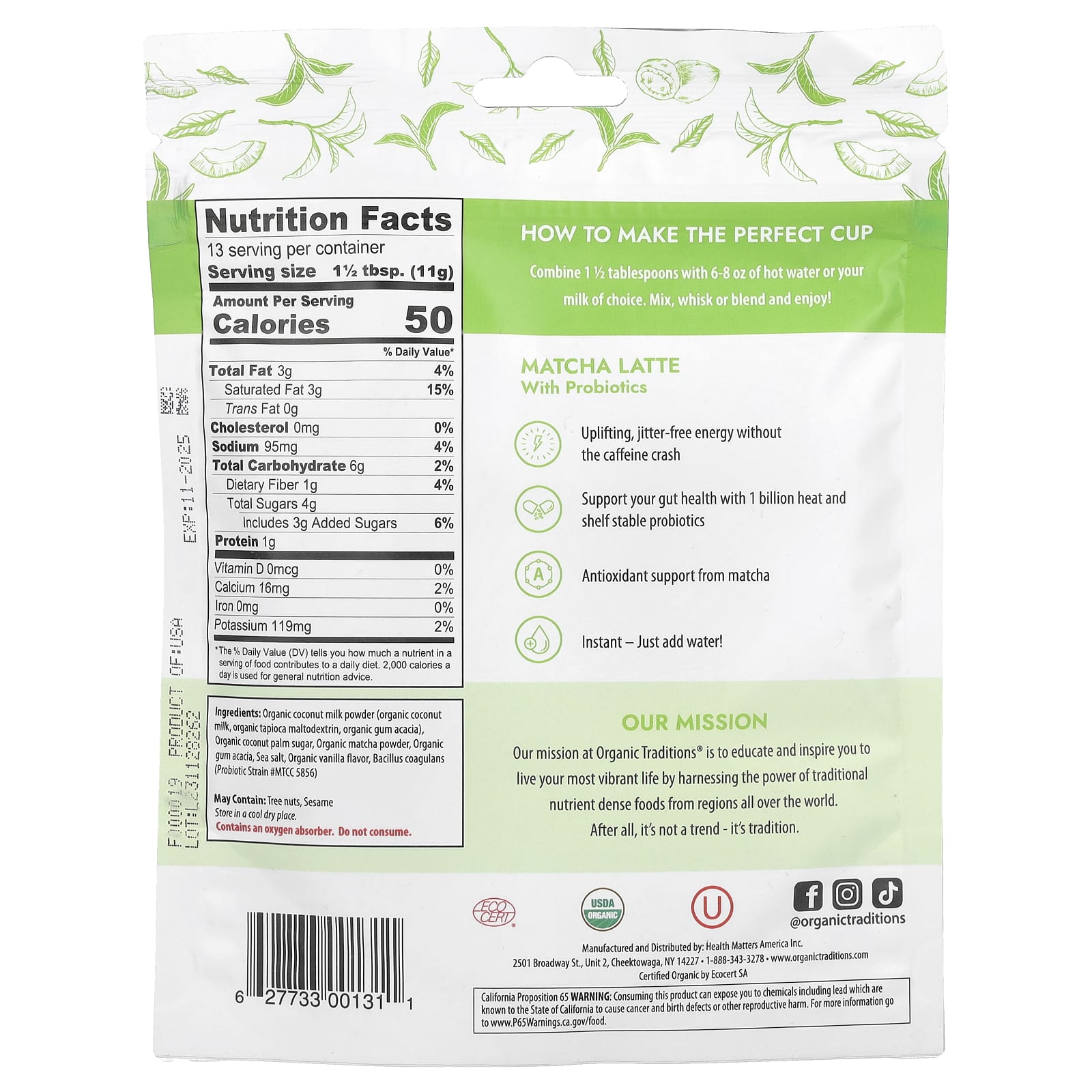 Organic Traditions, Matcha Latte with Probiotics, 5.3 oz (150 g) - Image 2