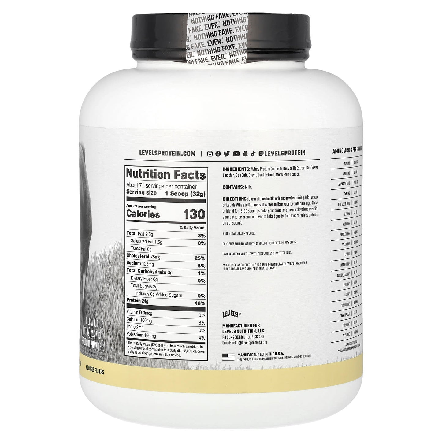 Levels, Grass Fed Whey Protein Powder, Vanilla Bean, 5 lb (2.27 kg) - Image 2