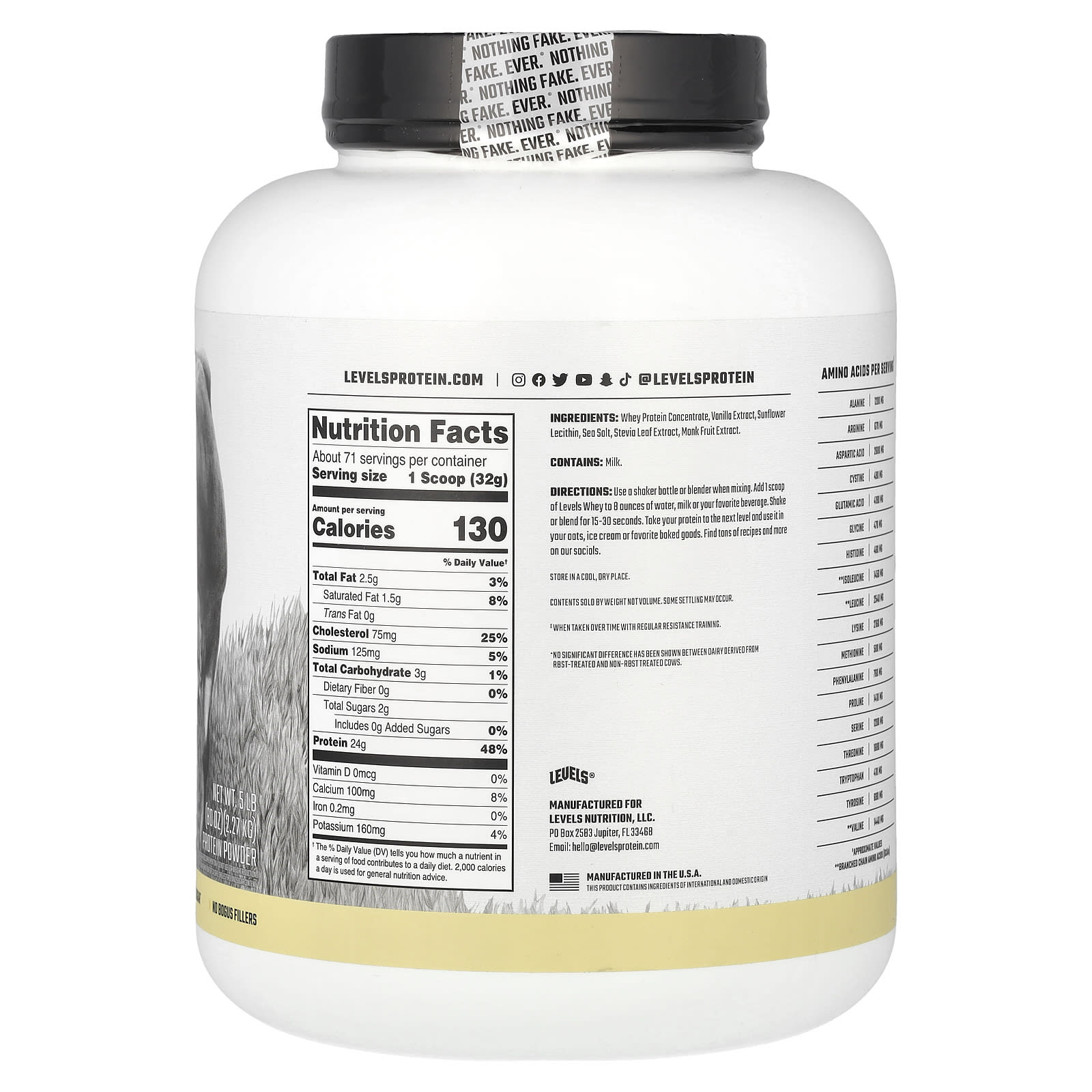Levels, Grass Fed Whey Protein Powder, Vanilla Bean, 5 lb (2.27 kg) - Image 2
