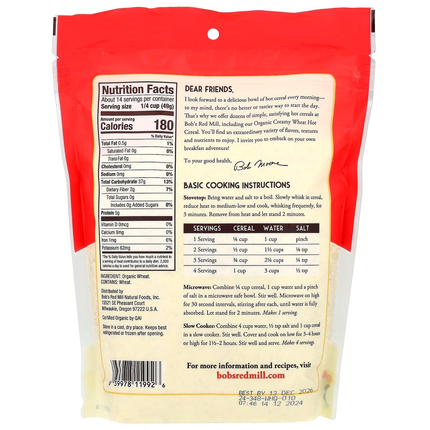 Organic Creamy Wheat Hot Cereal by Bob's Red Mill - 24 oz - Image 2