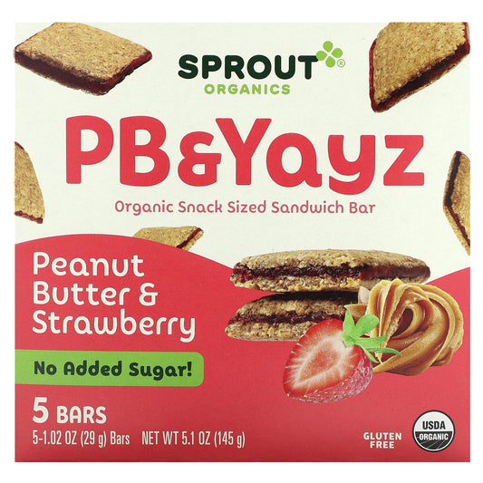 Sprout Organics, PB & Yayz, Organic Snack Sized Sandwich Bar, Peanut Butter & Strawberry, 5 Bars, 1.02 oz (29 g) Each - Image 1
