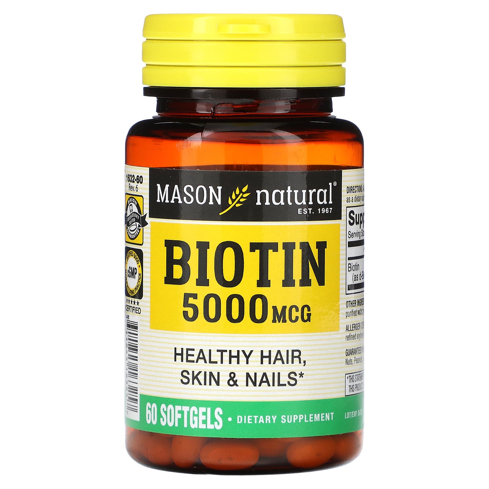 Mason Natural, Biotin, 5,000 mcg, 60 Softgels - Image 1