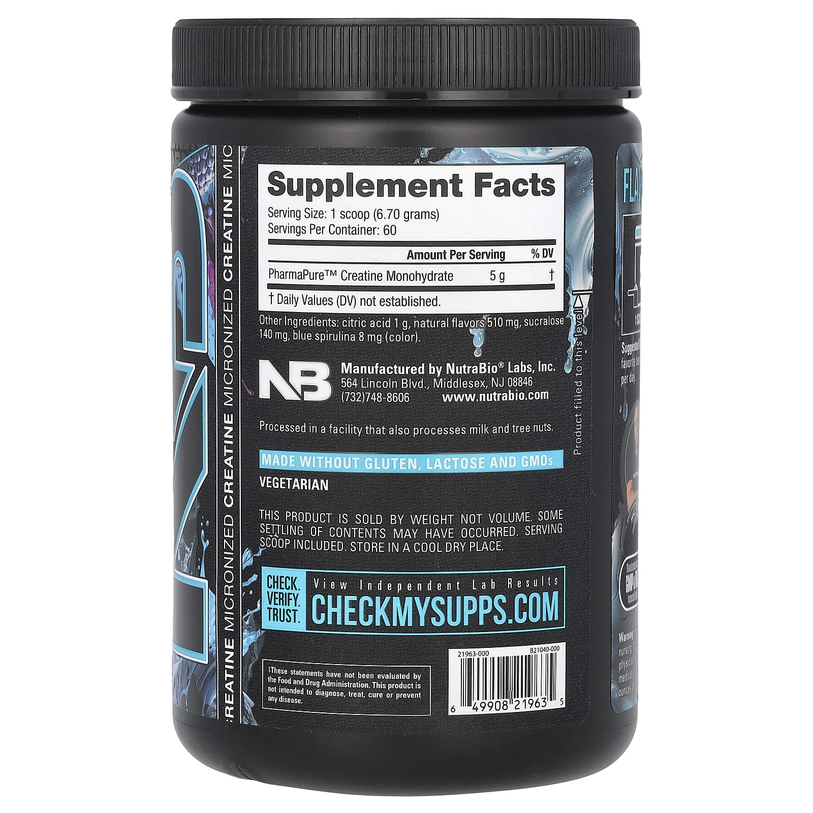NutraBio, Micronized Creatine Burst, Arctic Blast Blue Raspberry, 0.88 lb (399 g) - Image 2