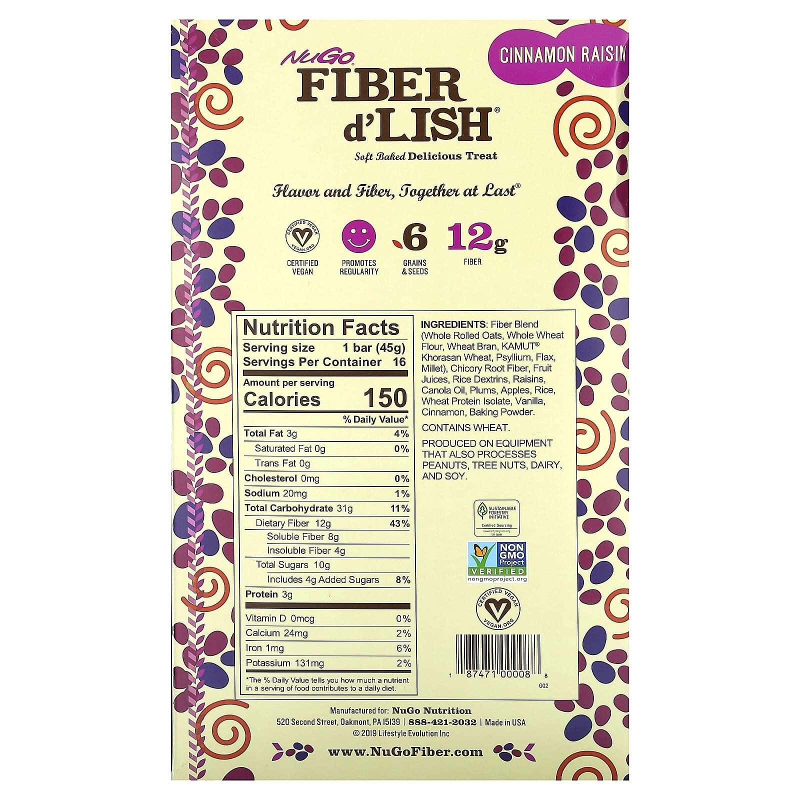 NuGo Nutrition, Fiber d'Lish, Cinnamon Raisin, 16 Bars, 1.6 oz (45 g) Each - Image 2