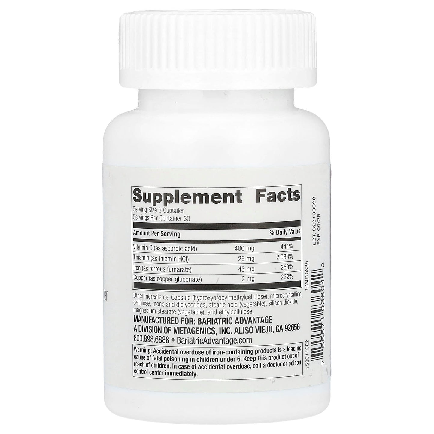 Bariatric Iron Supplement Capsules with Vitamin C and Thiamin, 60 Count - Image 2