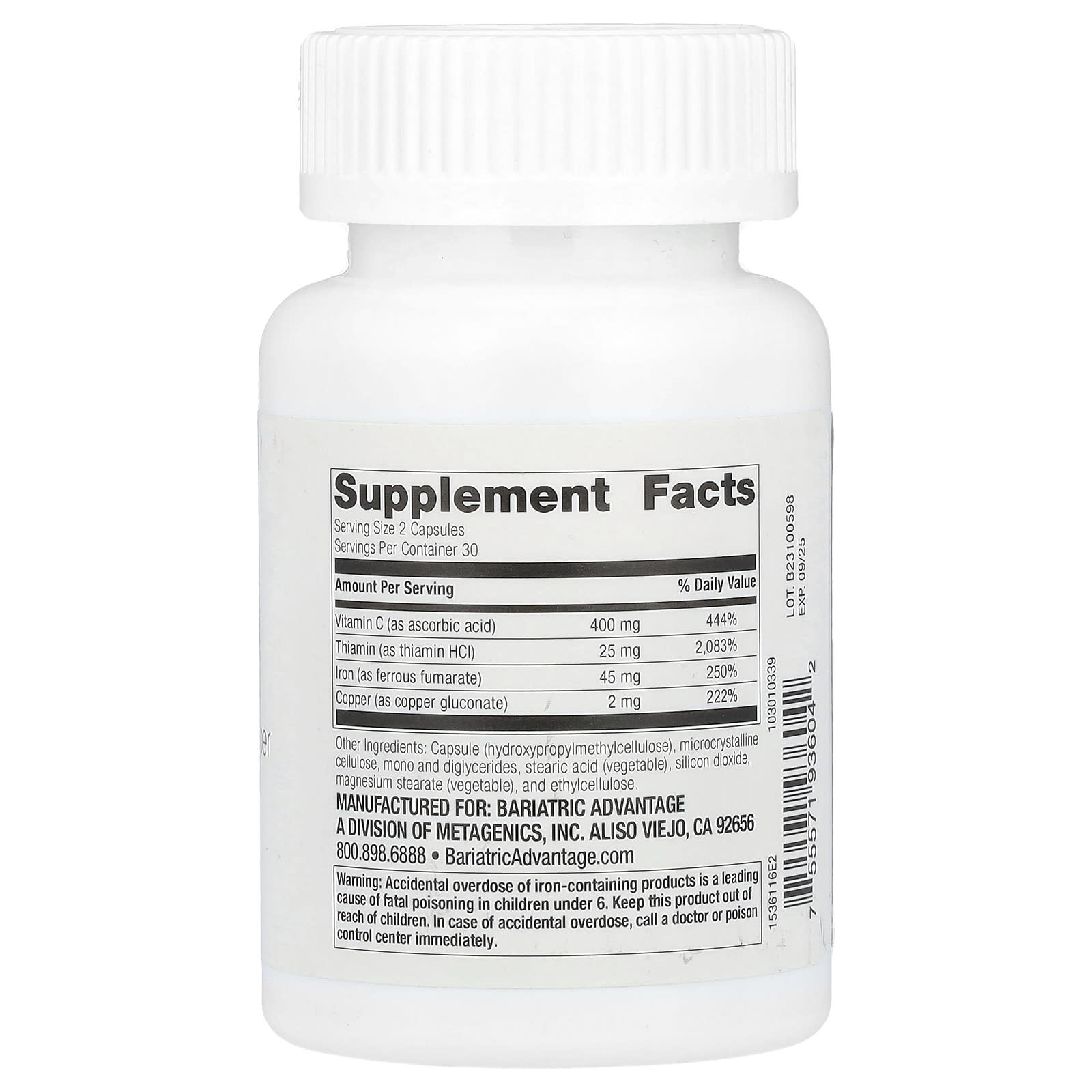 Bariatric Iron Supplement Capsules with Vitamin C and Thiamin, 60 Count - Image 2