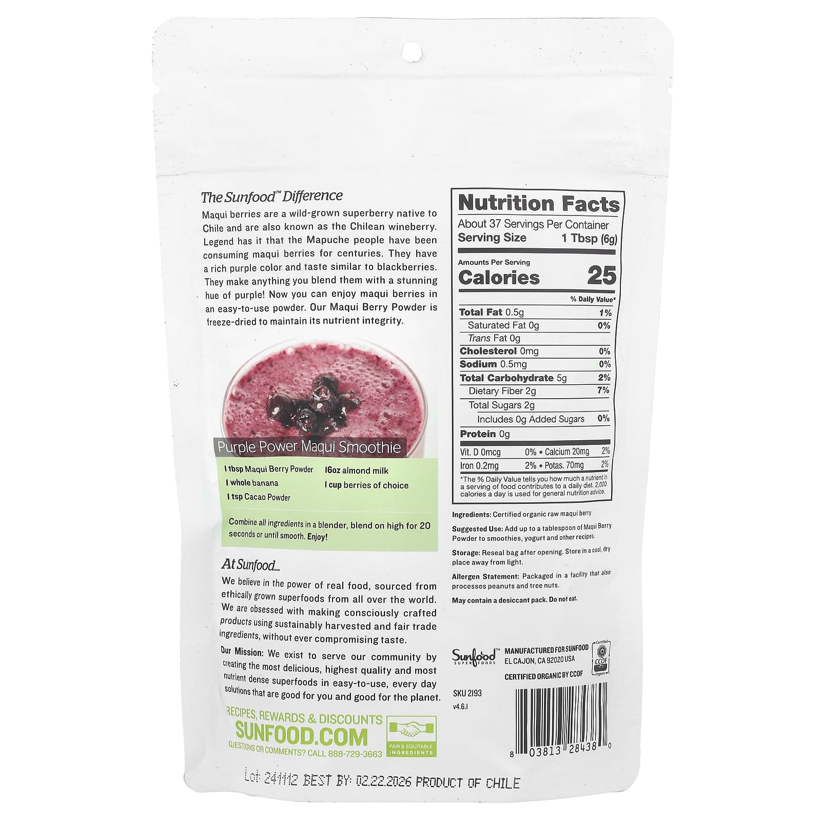 Sunfood, Organic Maqui Berry Powder, 8 oz (227 g) - Image 2
